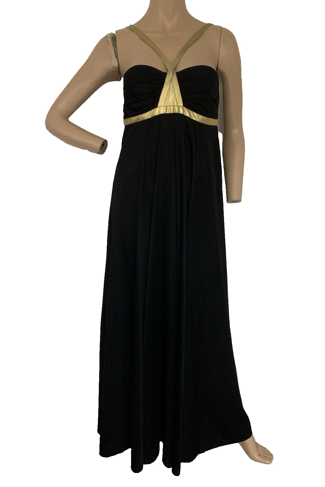 Vintage 60’s 70’s FRANK USHER Black Gold Halter Maxi Evening Dress UK 10 US 6 S