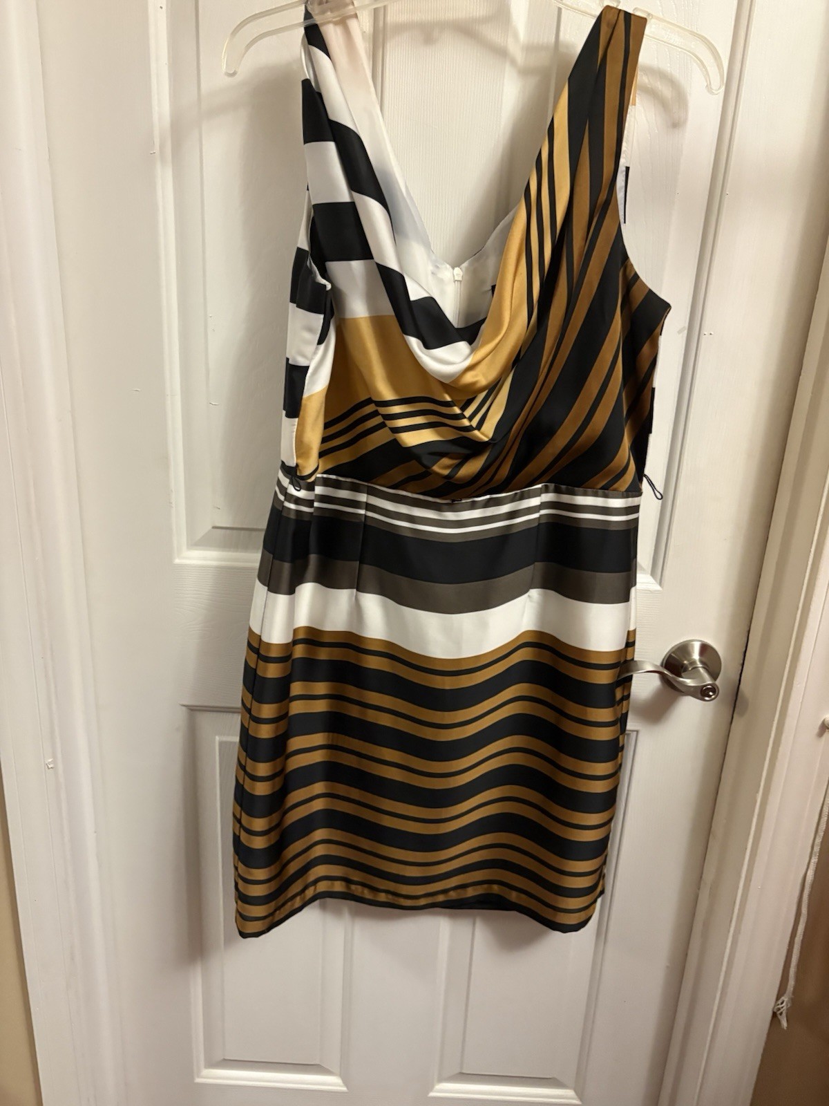 B. Smart Black White Gold Striped Cowl Neck Sleeveless Midi Dress 14 Mini