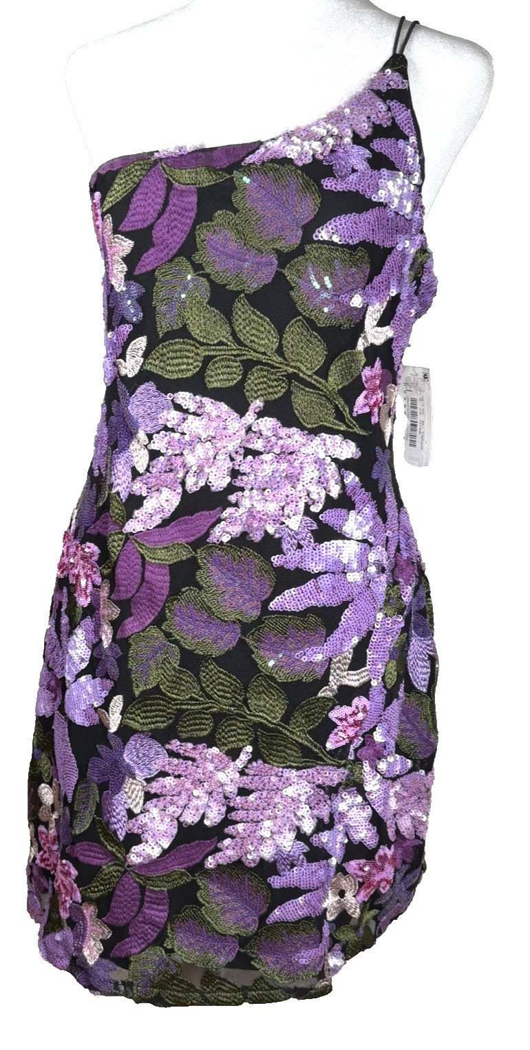 MIDNIGHT DOLL One-Shoulder Purple & Lavender Floral Sequin Embroidered Dress XL