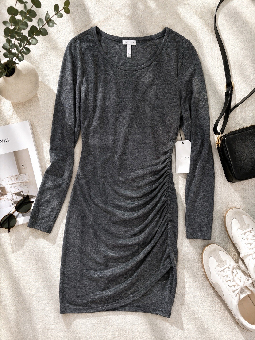 Leith Ruched Long Sleeve Knit Dress Charcoal Heather Size Large NWT Nordstrom