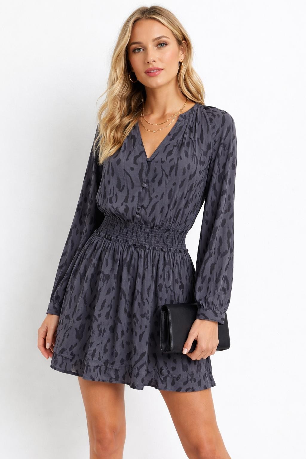Rails Women’s S Gray Black Long Sleeve Smocked Waist Mini Dress Animal Print