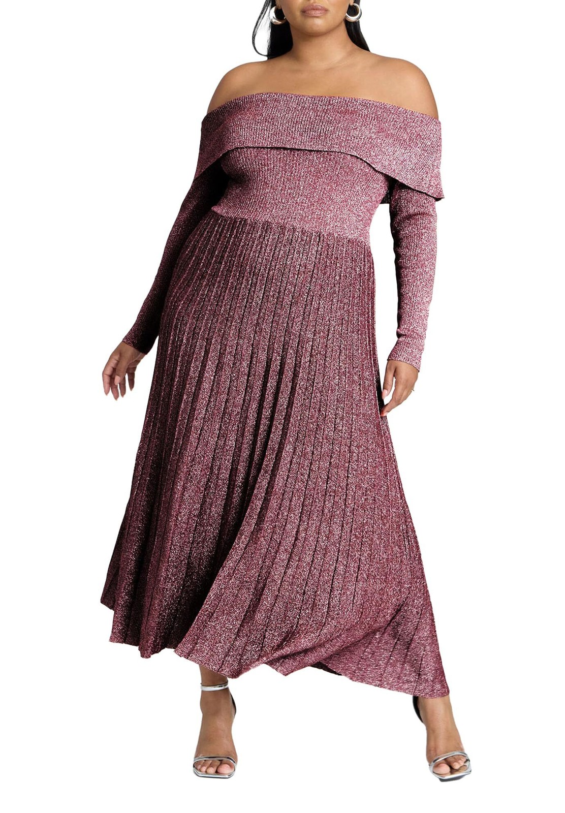 ELOQUII Women’s Plus Size Lurex Off Shoulder Dress – 18/20, Burgundy Lurex