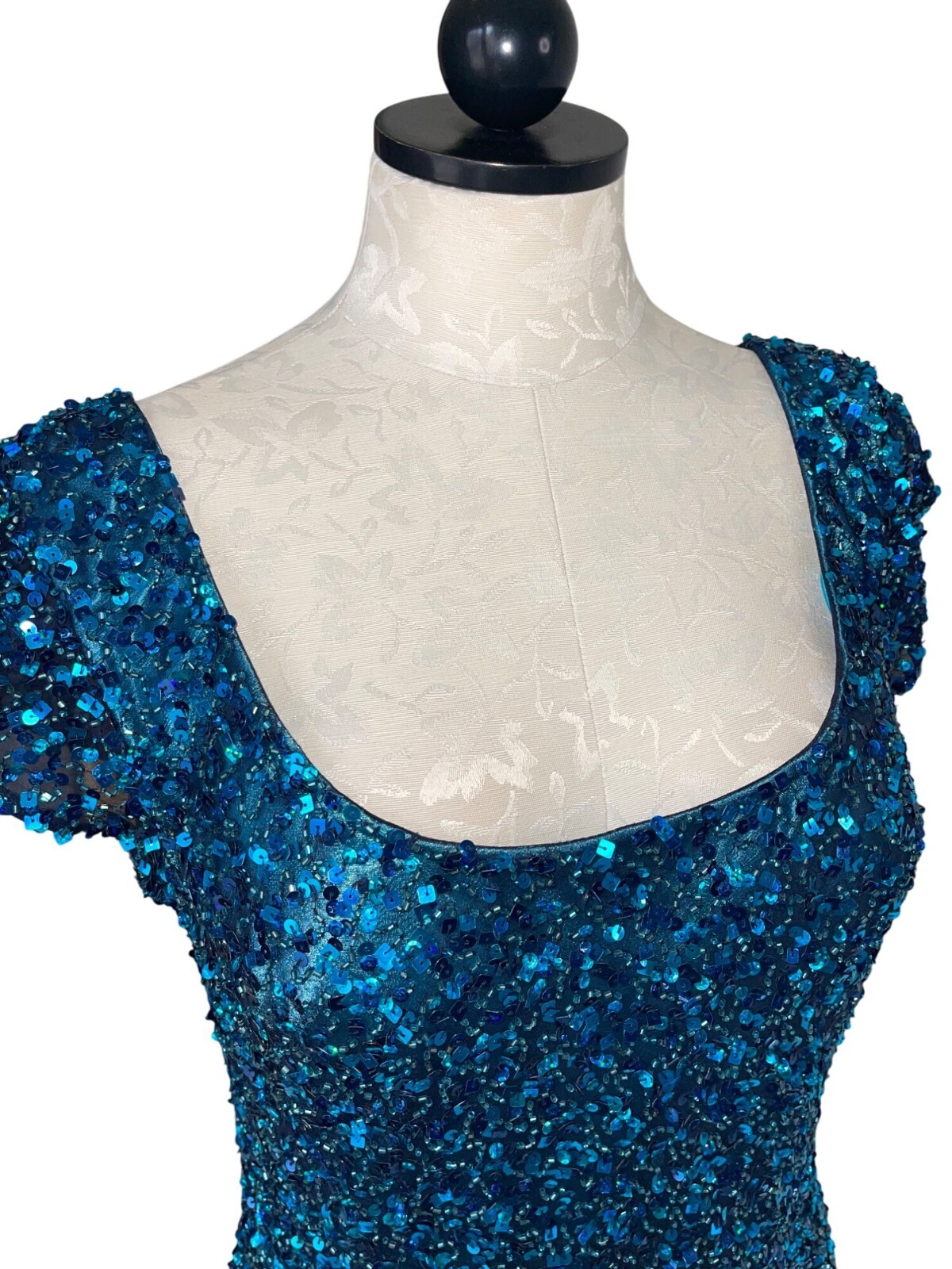 Scala Mini Dress Sequin Vintage Womens Size Large Blue Beaded Lined Pure Silk