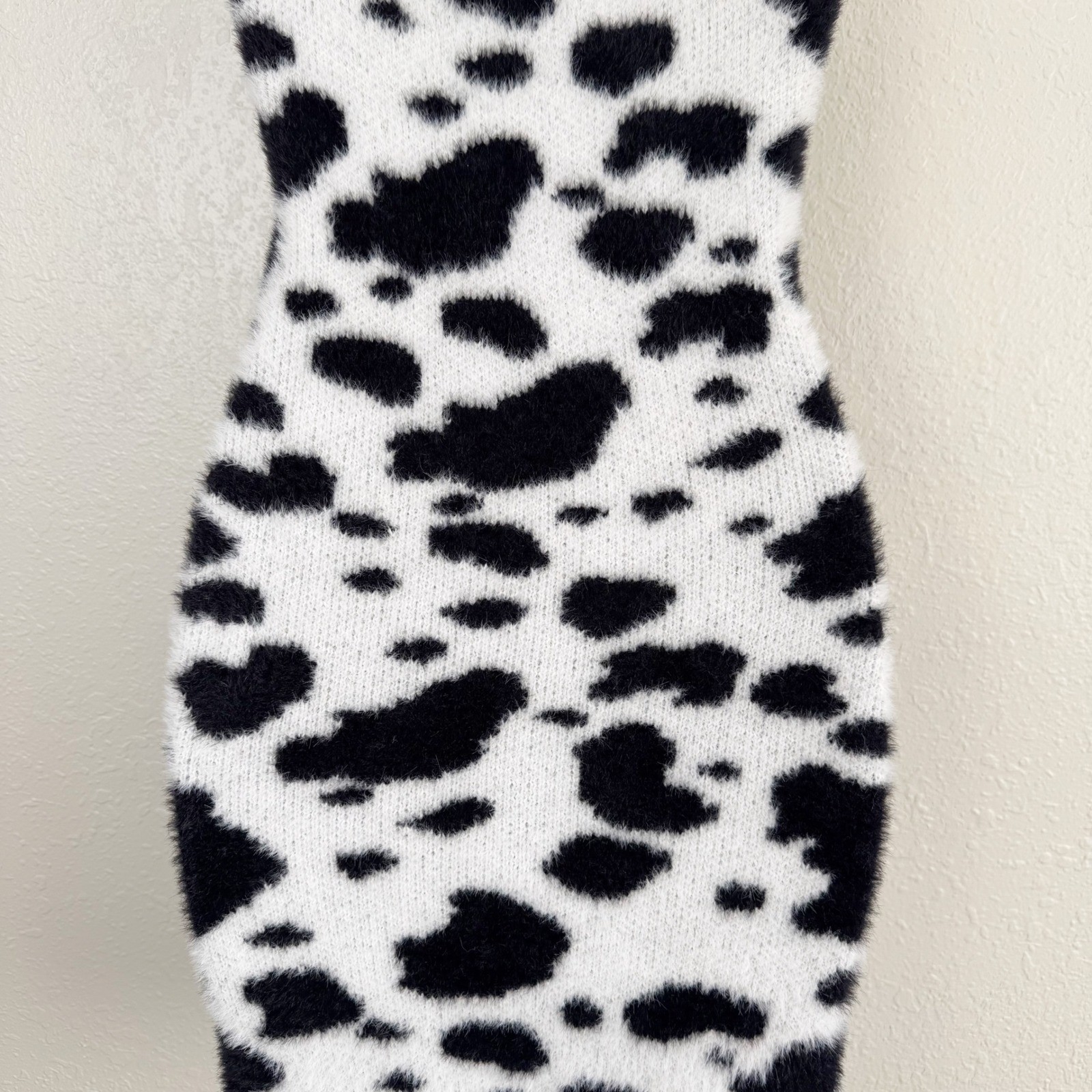 LA Hearts Cow Print Fuzzy Knit Mini Dress Black White Small Sleeveless Bodycon S