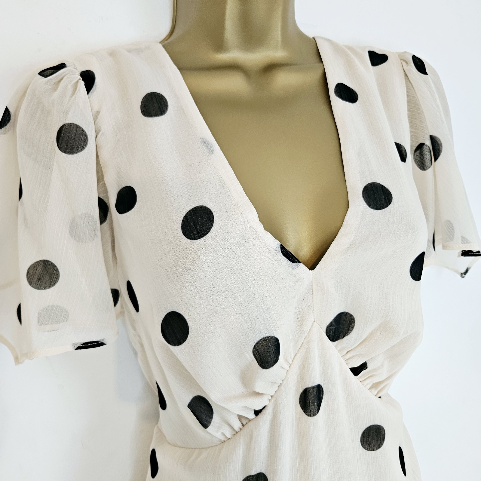 NEW ROMAN 12-24 Polka Dot Spotted Chiffon Beige Black Asymmetric Midi Tea Dress