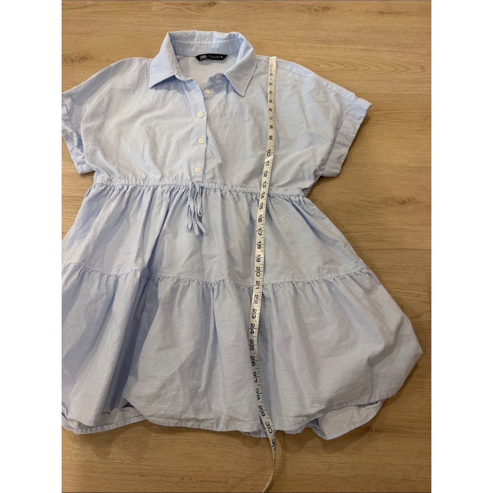 Zara Small Pale Blue Tiered Button-Front Drawstring Dress