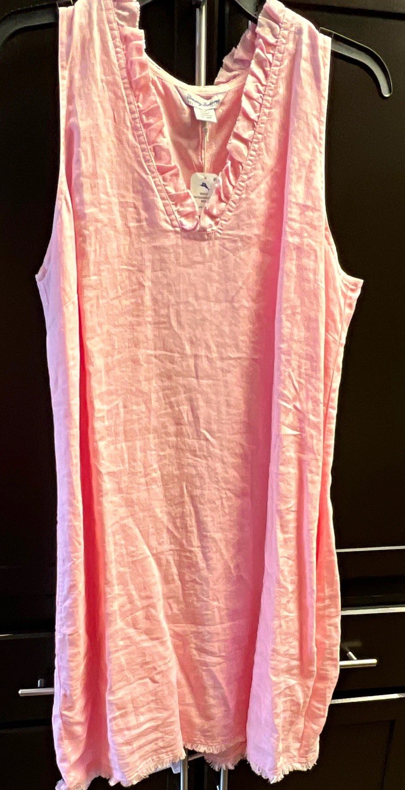 Tommy Bahama Women’s Pink Linen Ruffle Shift Dress Sleeveless V-Neck Size L