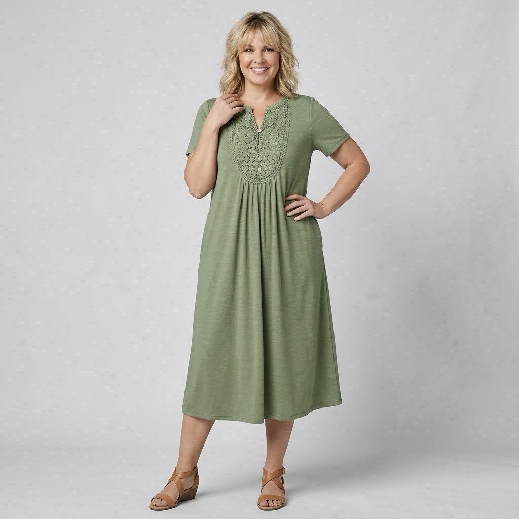 Woman Within Embroidered Lace Comfy Midi Dress 26/28 2X Sage Green Casual Lounge