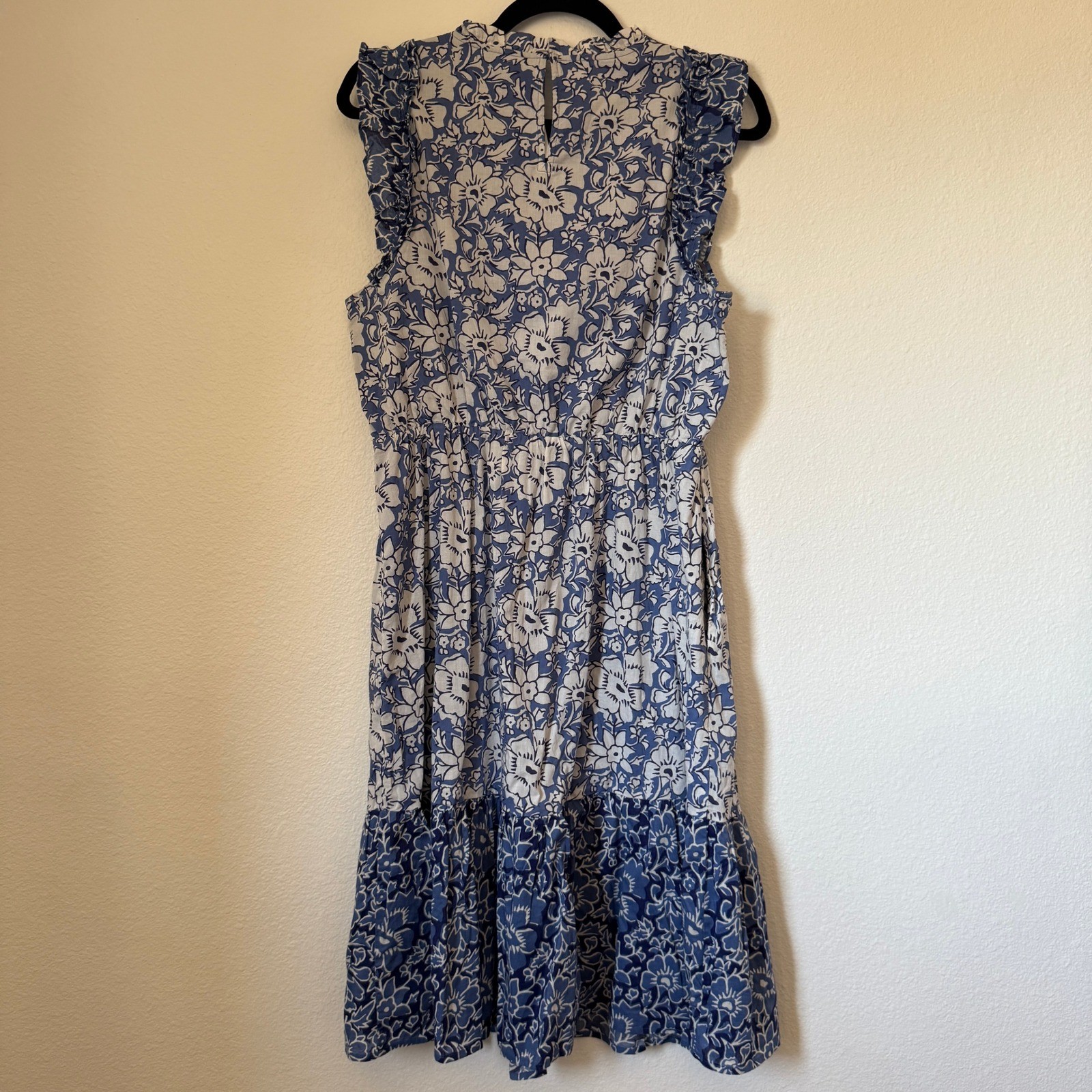 J.Crew Blue Floral Block Print Ruffle Tiered Midi Dress Pockets CA214 Sz 12 NWT