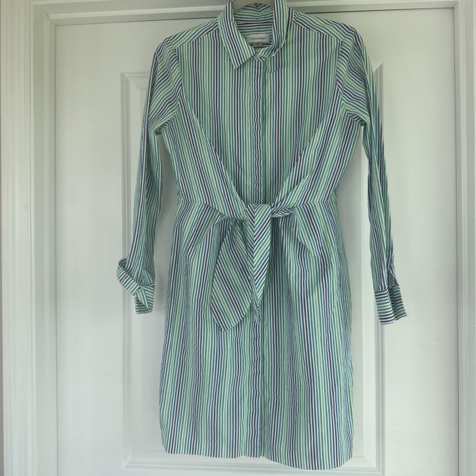 CALVIN KLEIN Shirt Dress Hidden Button-Up Tie Belt Blue And Green Stripes Size 6