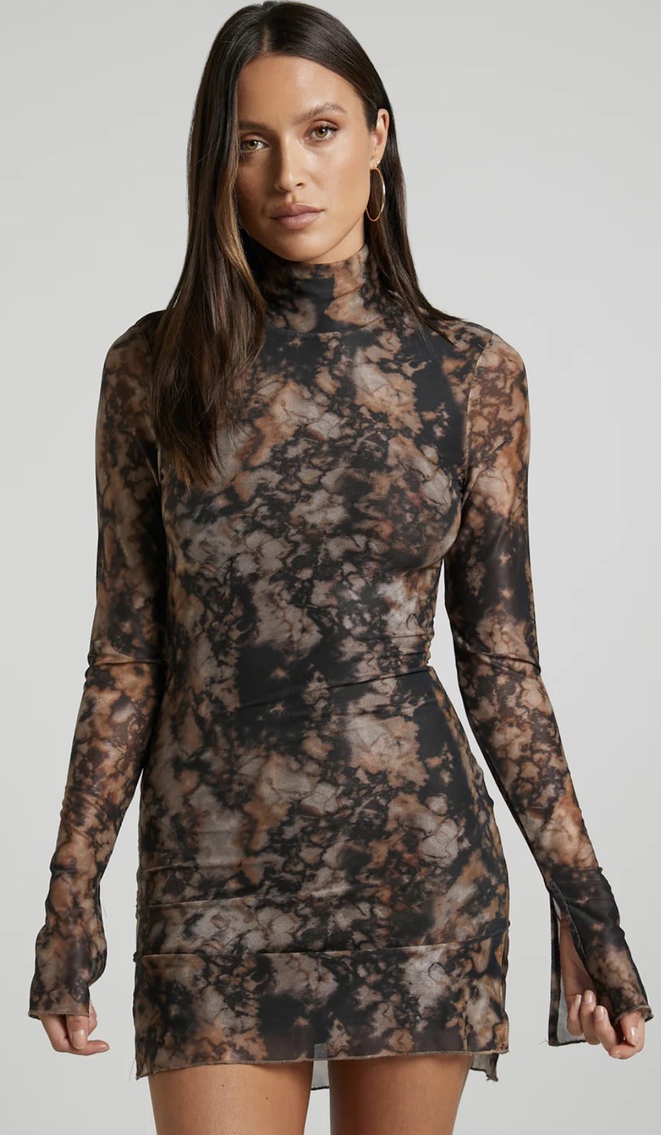 RNWY Brown Jordi Mini Cocktail Dress Sheer Tie-Dye Mesh Long Medium High Neck