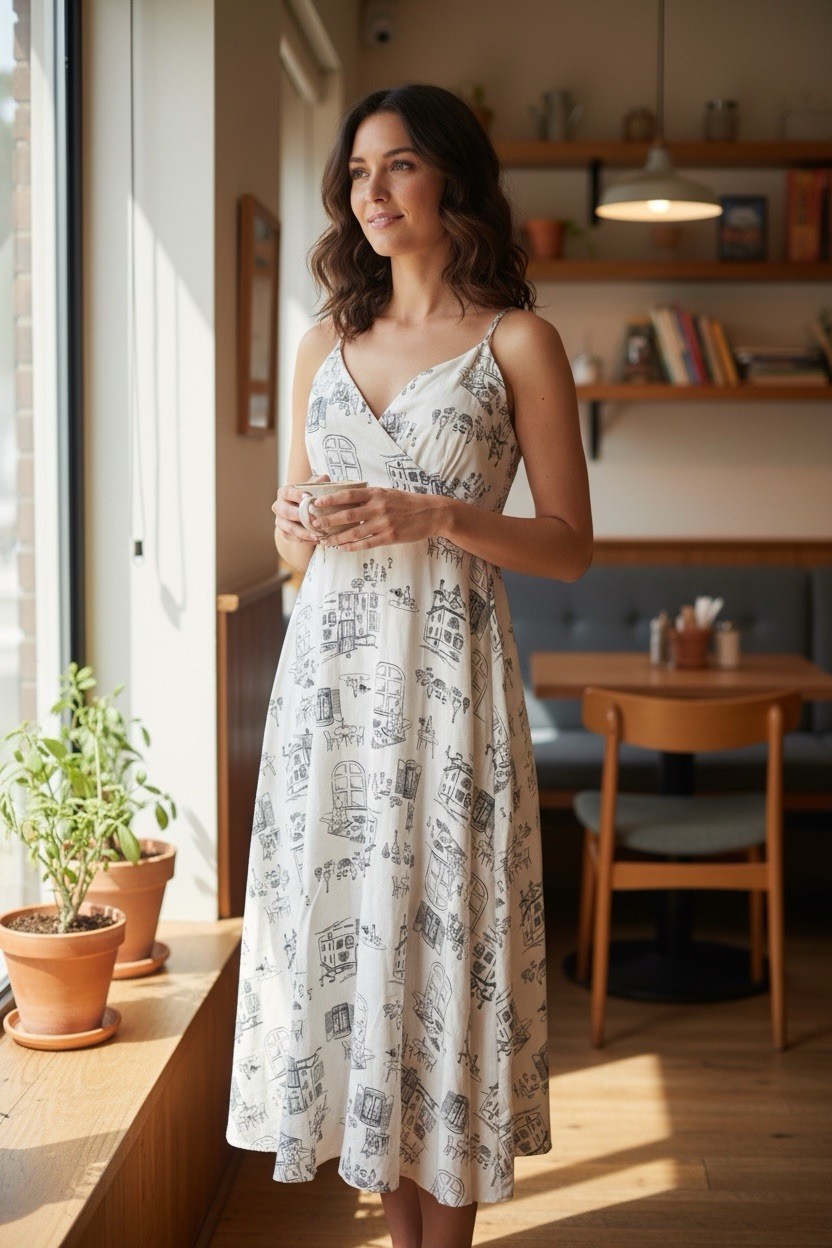 by the River Ivory/Black Graphic Print V-Neck Tie-Back Midi Sundress M