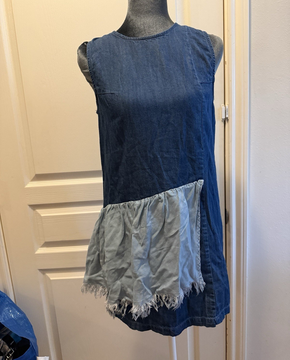Anthropologie Azy4ou Womens Blue Solid Denim Shift Dress Sleeveless XS