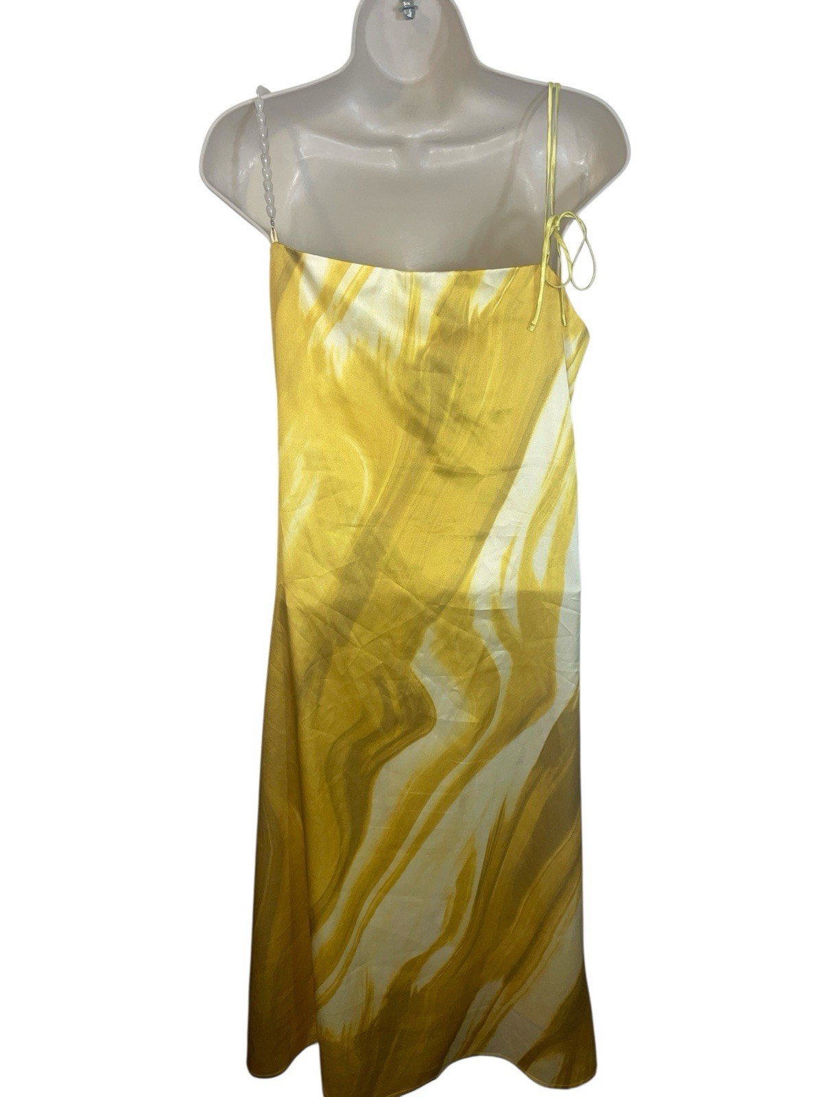CAARA Womens Size Small Yellow Printed Maxi Dress One Beaded Strap One Tie Strap