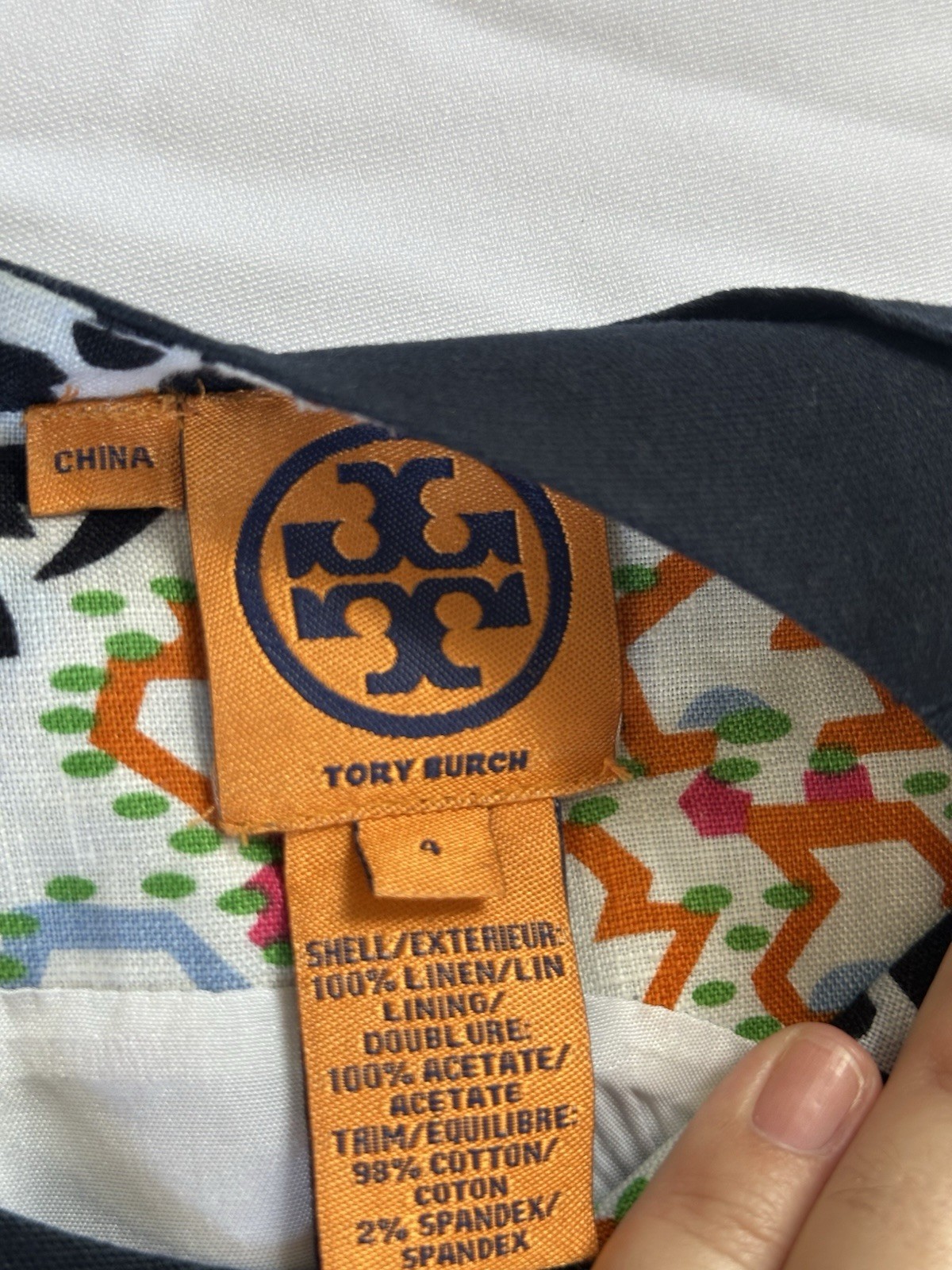 Tory Burch Melanie Printed Linen Shift Dress Navy Orange Floral Size 4 Excellent