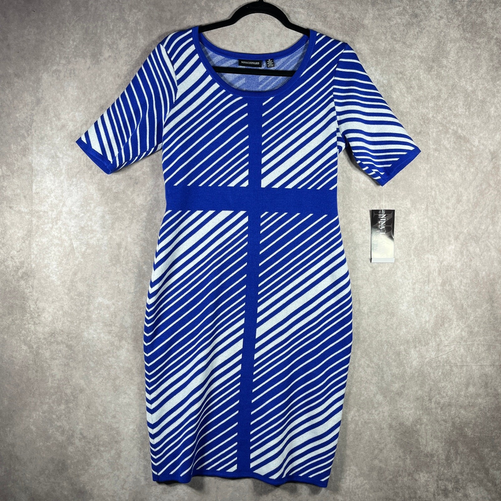 Nina Leonard Sweater Dress Womens M Blue White Striped Knit Career Office NEW