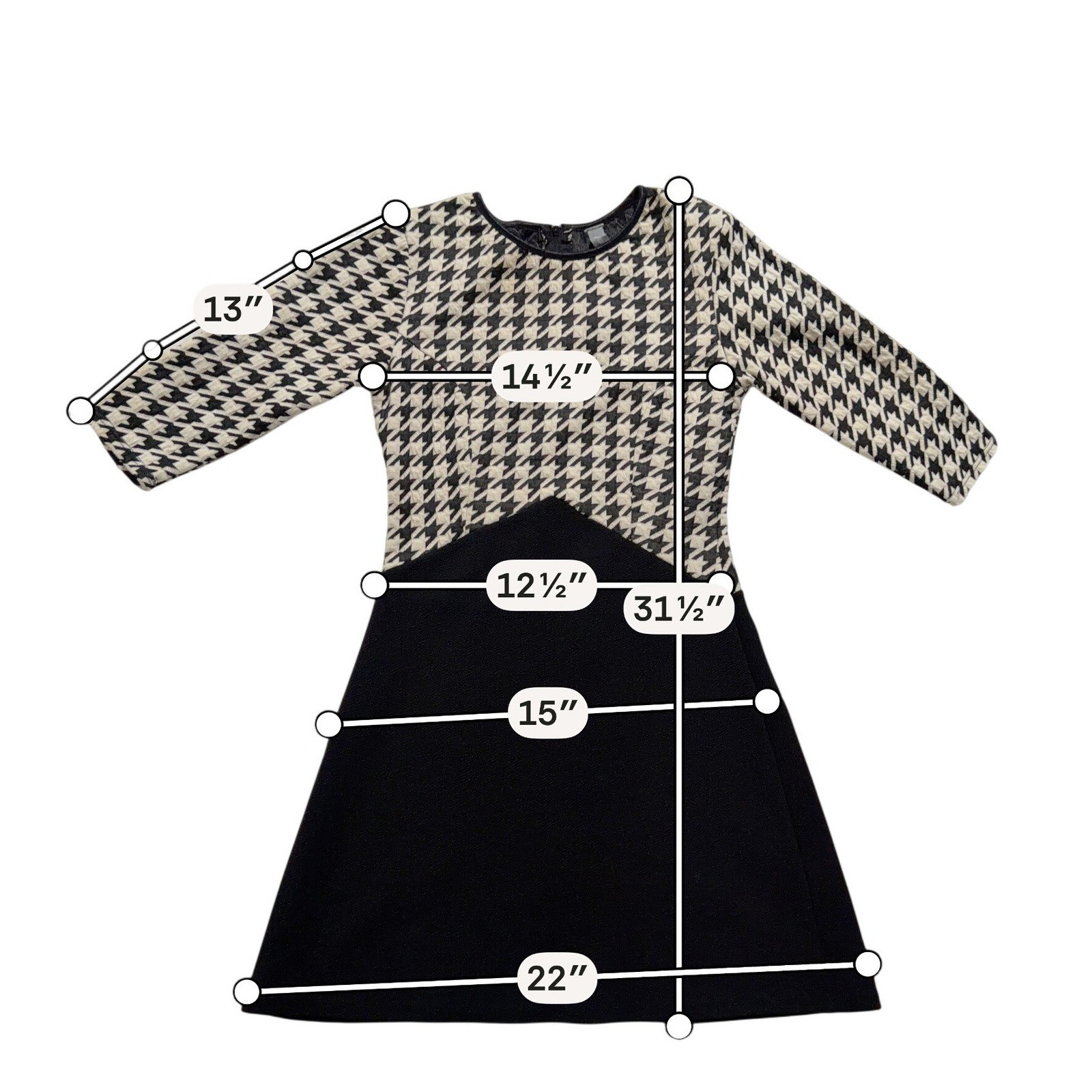 2 Hearts Houndstooth Fit & Flare Dress Black Cream 3/4 Sleeve XS-S