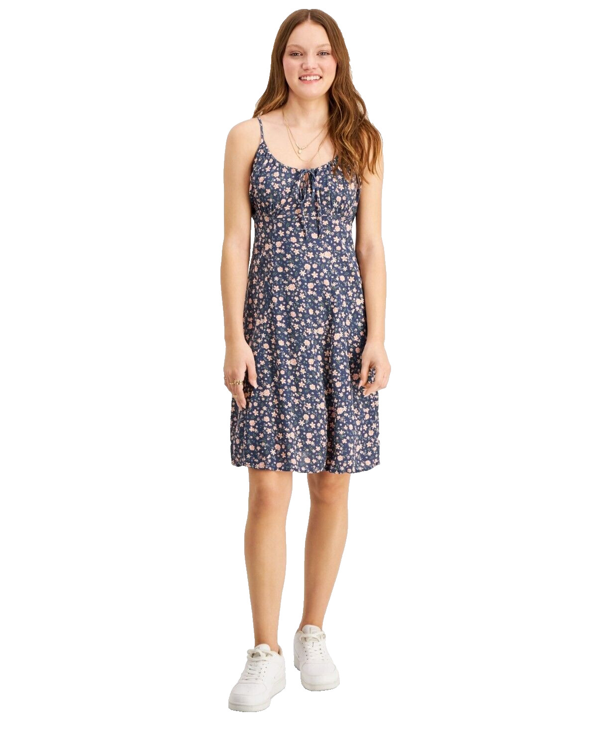 Hippie Rose Juniors Tie-Neck Babydoll Dress, Indigo Navy Blue Floral, Large