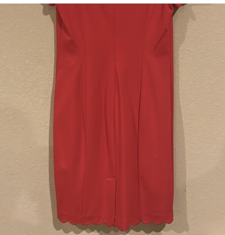 Talbots Red Solid Scalloped Neck Short Sleeve Sheath Midi Dress Size 4