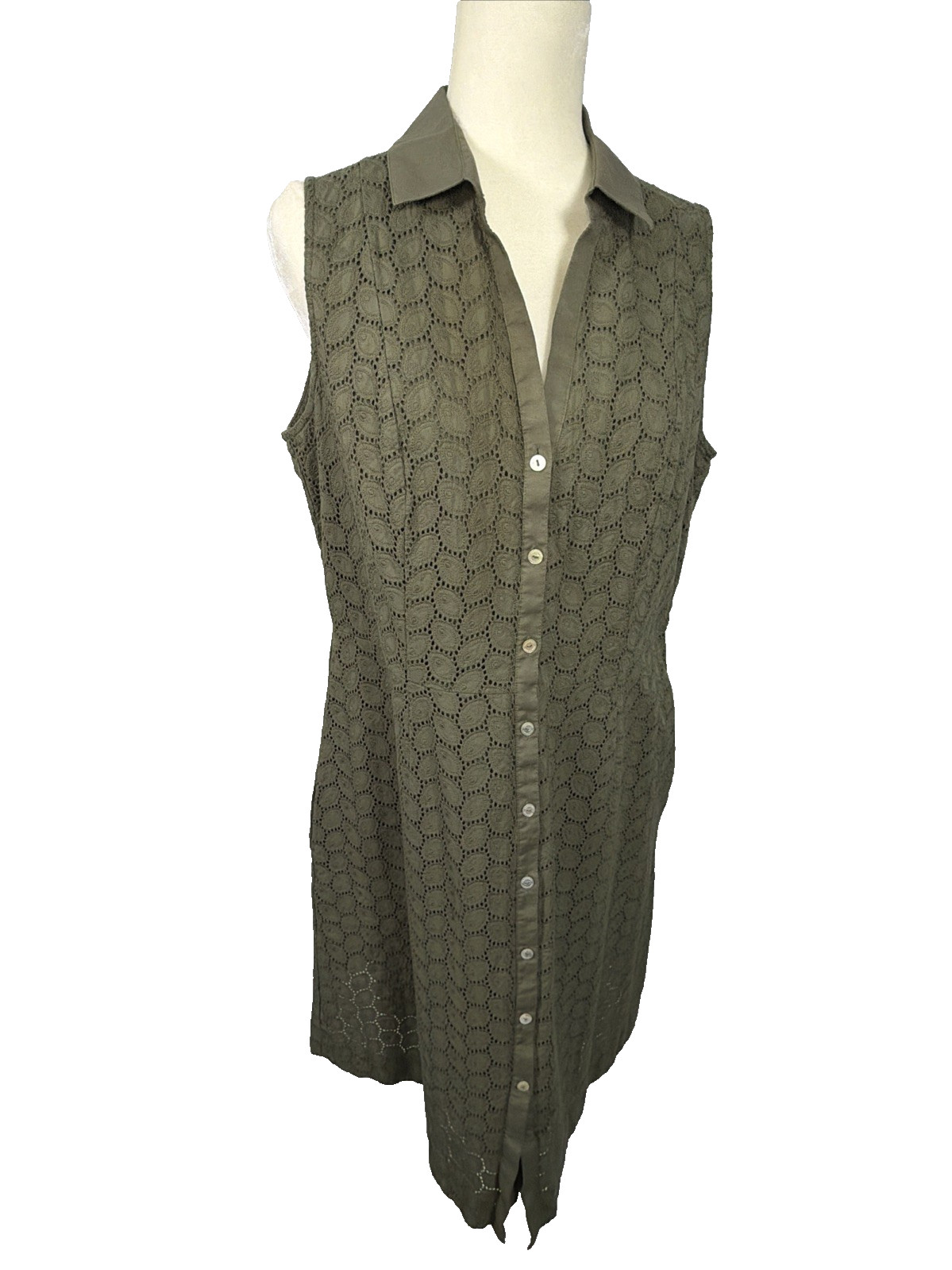 Foxcroft Shirt Dress Sleeveless Eyelet Collar Pockets Women’s 14 No Stretch