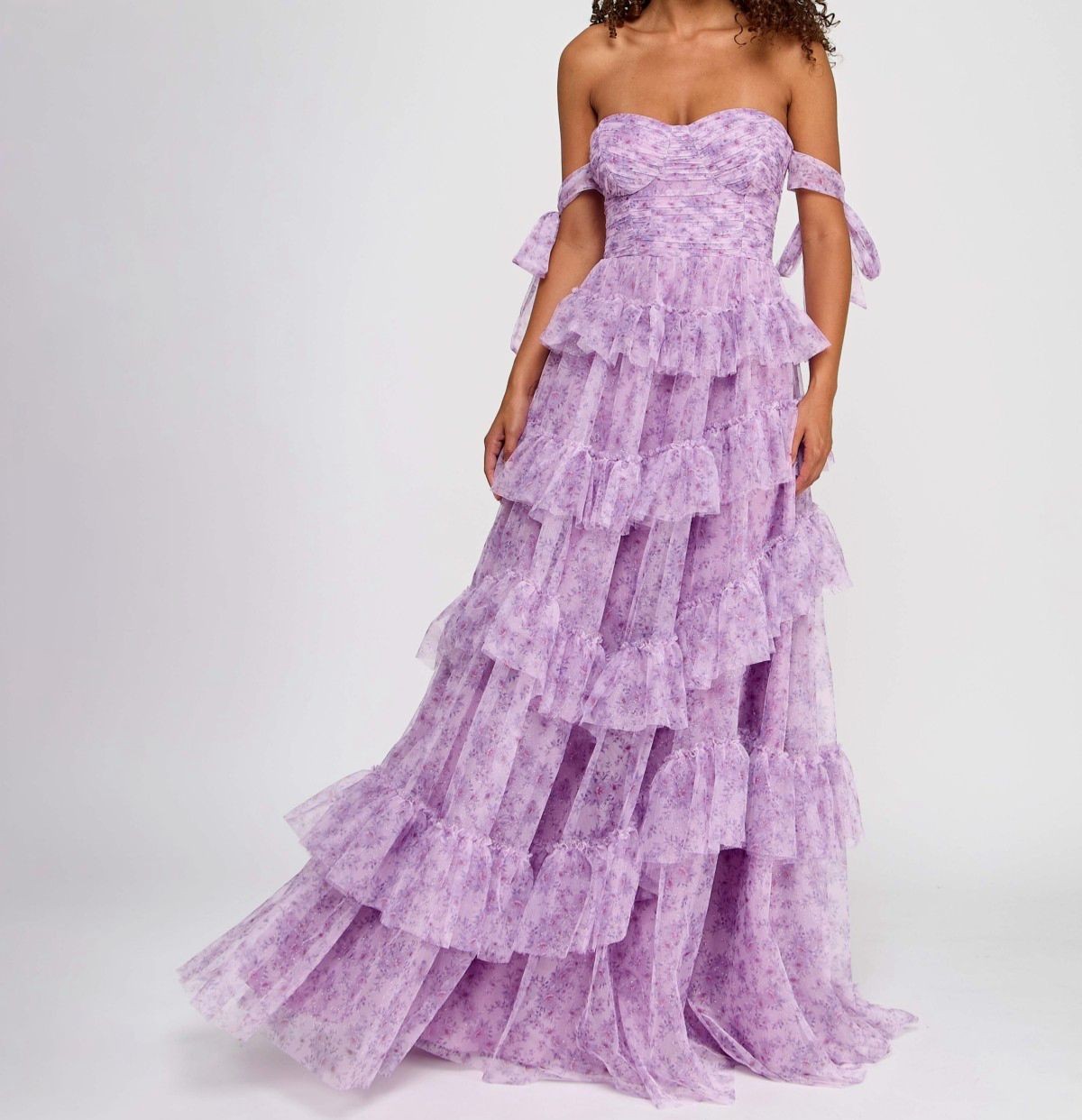Say Yes Women’s Juniors’ Purple Floral-Print Tiered Off-The-Shoulder Dress 5/6