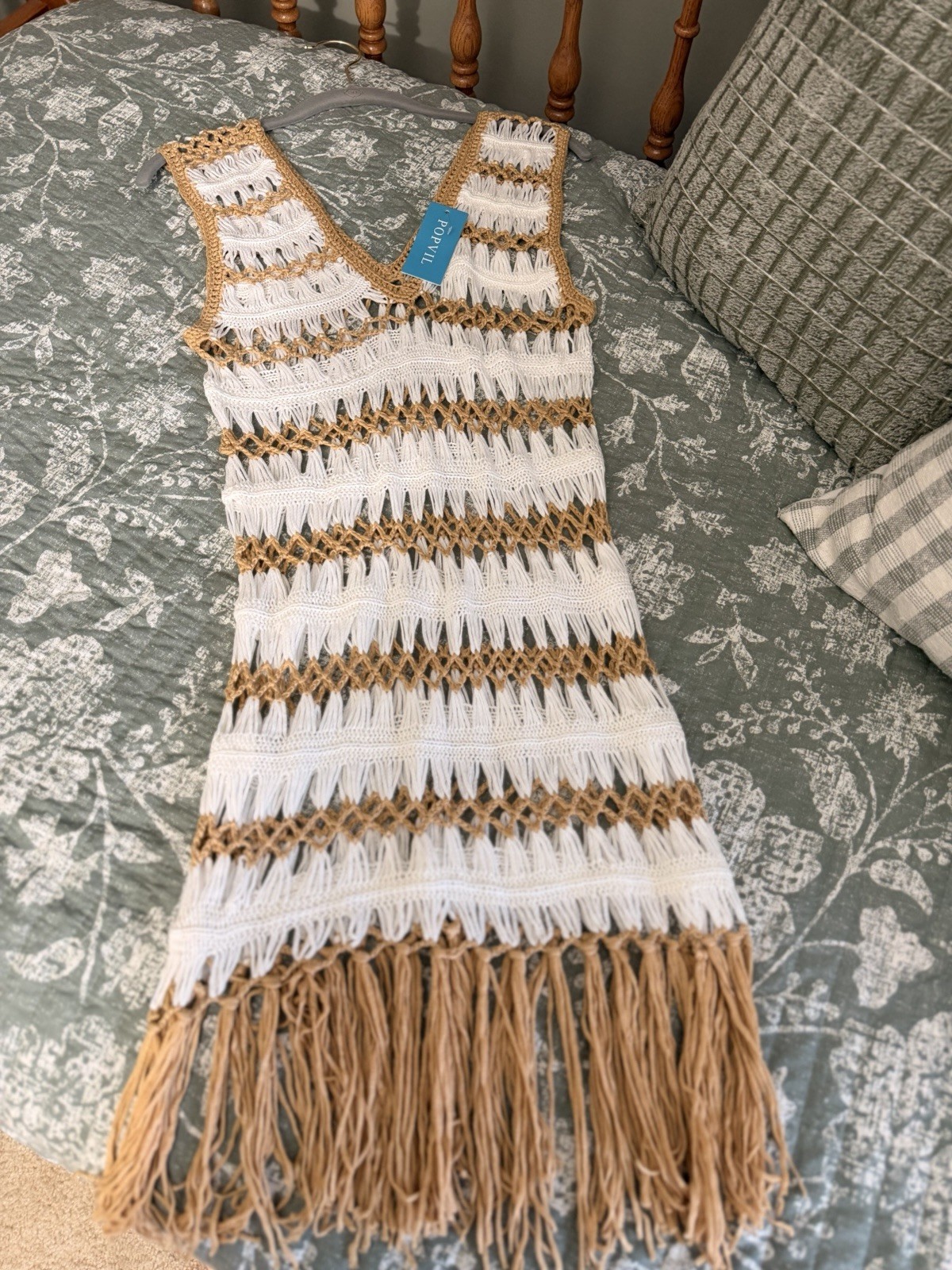 POPVIL Women’s Crochet Fringe Hem V-Neck Sleeveless Striped Mini Dress S