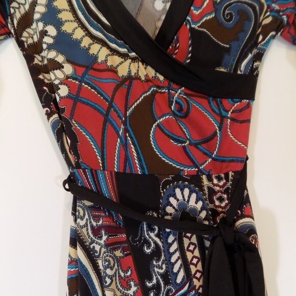 Body Central Paisley Stretchy Soft Dress Size Small Red Brown Blue Cream