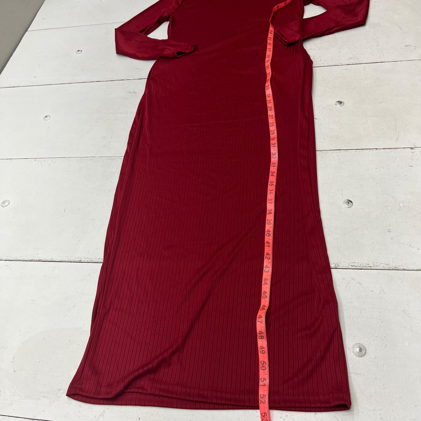Red Long Sleeve Ribbed Maxi Dress with Pockets Stretch Bodycon Womens Size Large