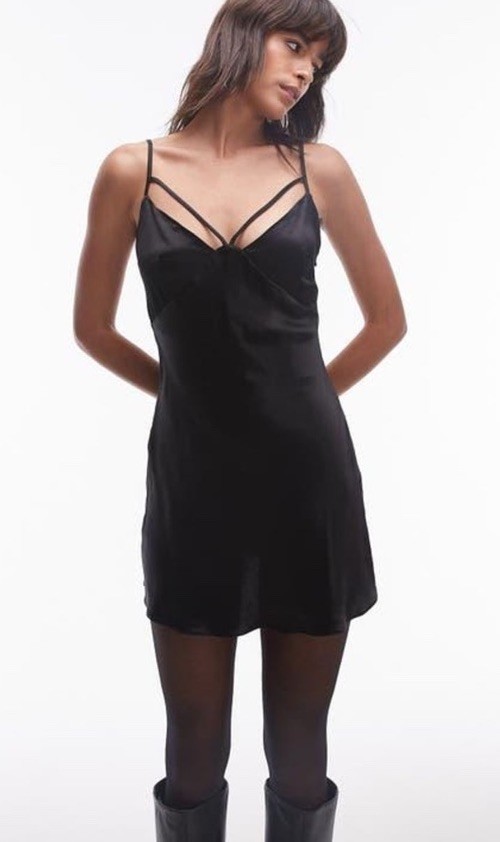 NWT Topshop Womens Bust Detail Strappy Satin Black Mini Goth Dress, Size US 0