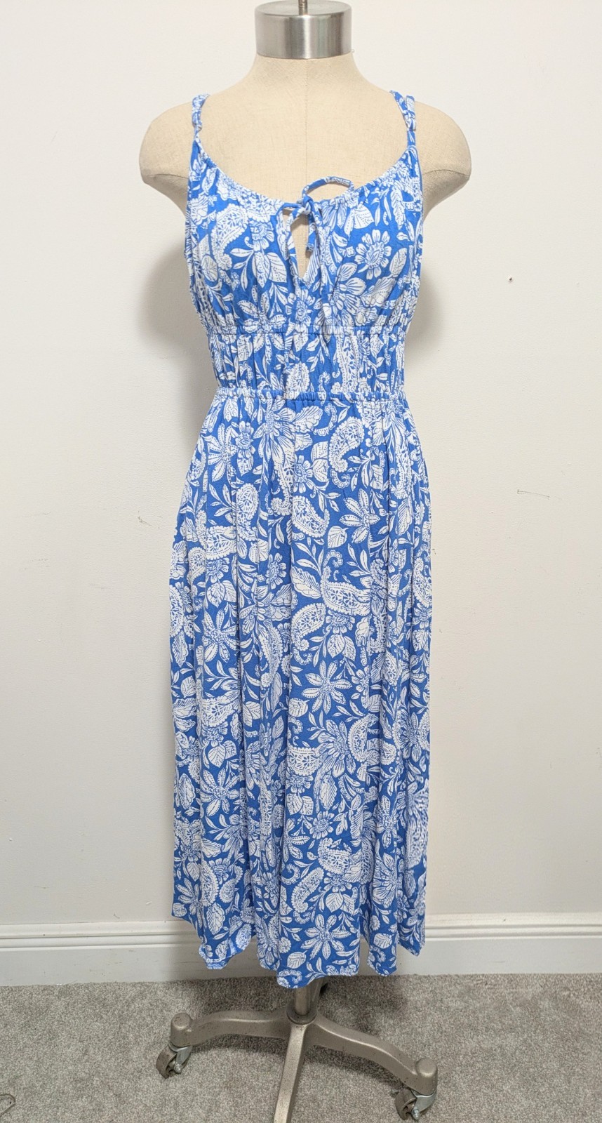 LOFT Blue Floral Paisley Midi Jersey Dress SMALL Summer Resort Beachy Feminine