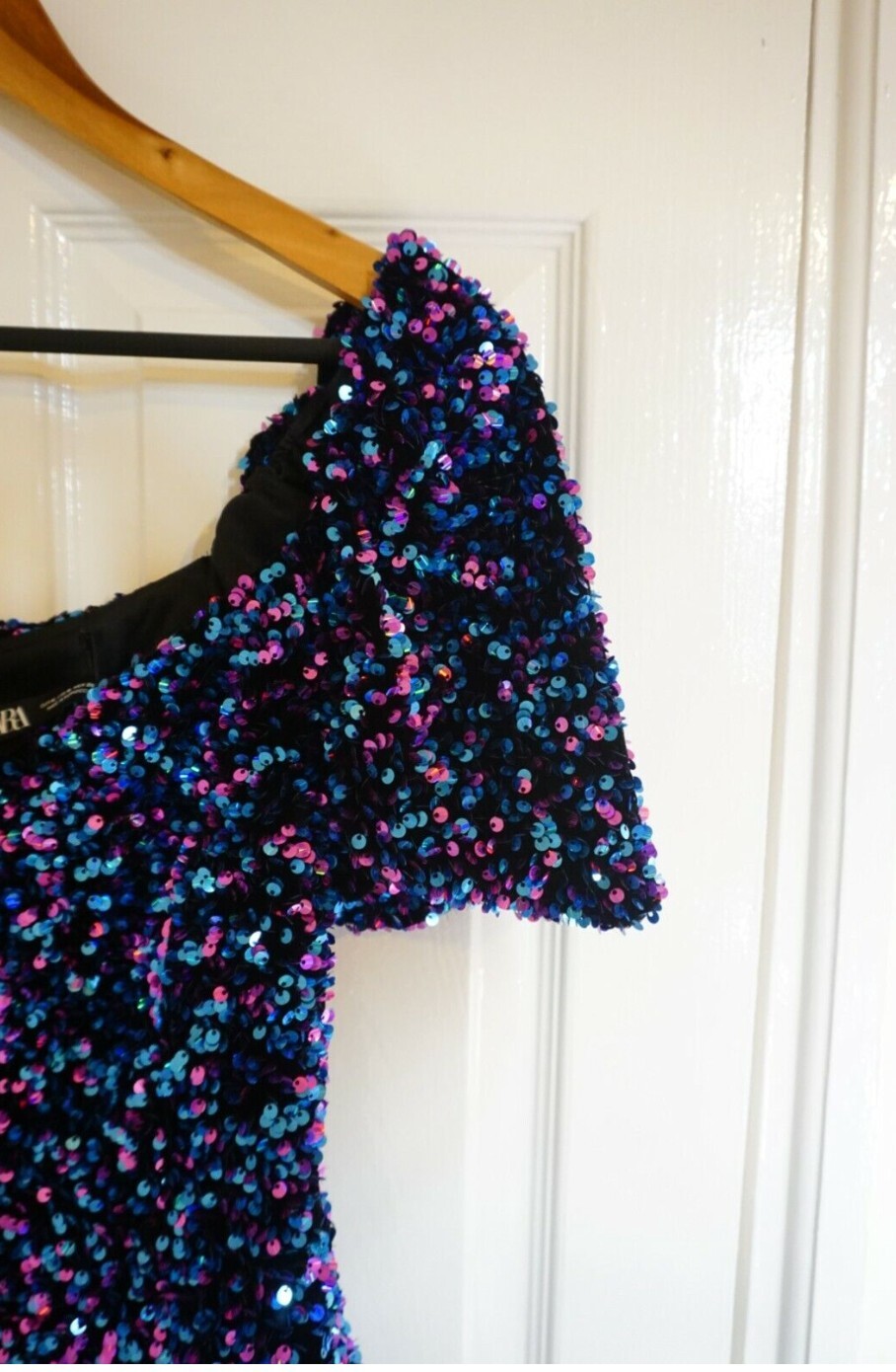 Zara Sequin Mini Dress V neck Elastic Cuffs A-line Skirt Black Blue M BNWT