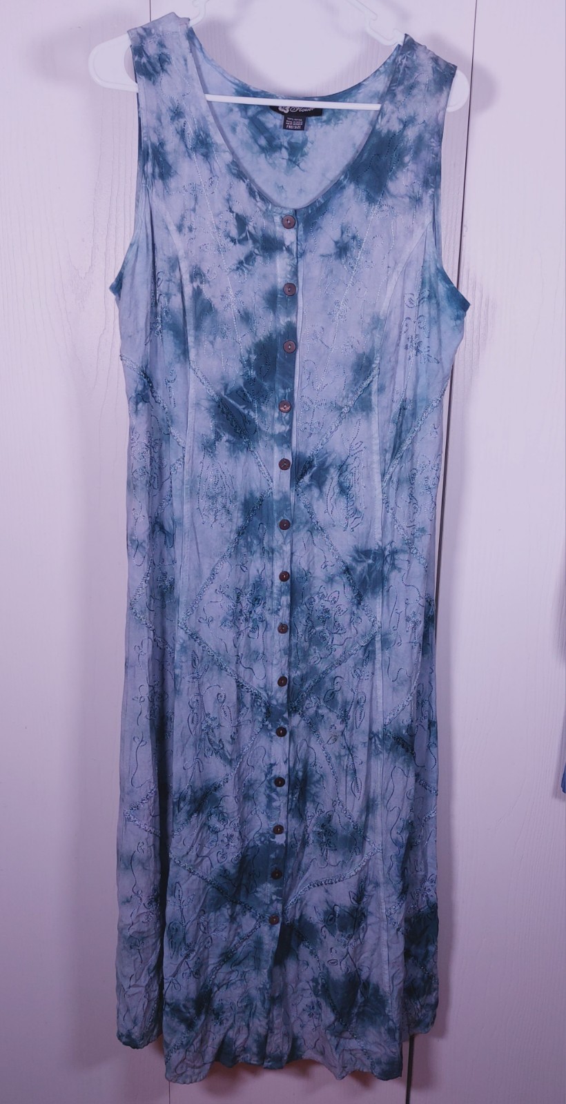 Flower Blue Tie Dye Midi Dress One Size Embroidered Floral Stich Detail Buttons