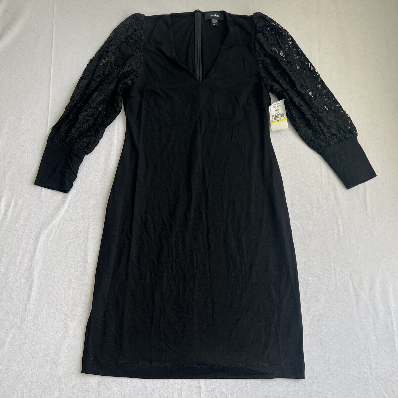 Karen Kane Shift Midi Dress Size Medium Black V Neck Lace Sleeve Long Sleeve NEW