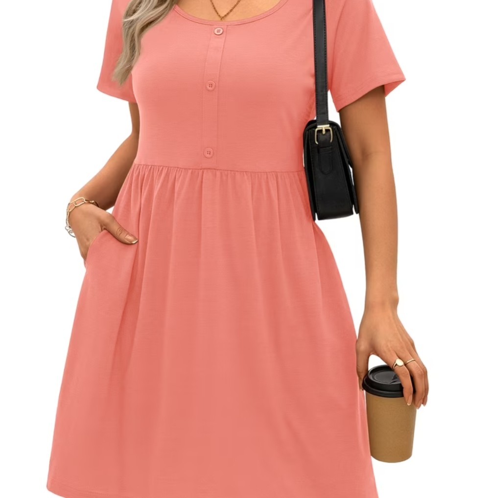 MOSHU Women’s L Peach Solid A-Line Knee Dress Crew Neck Short Sleeve Pockets