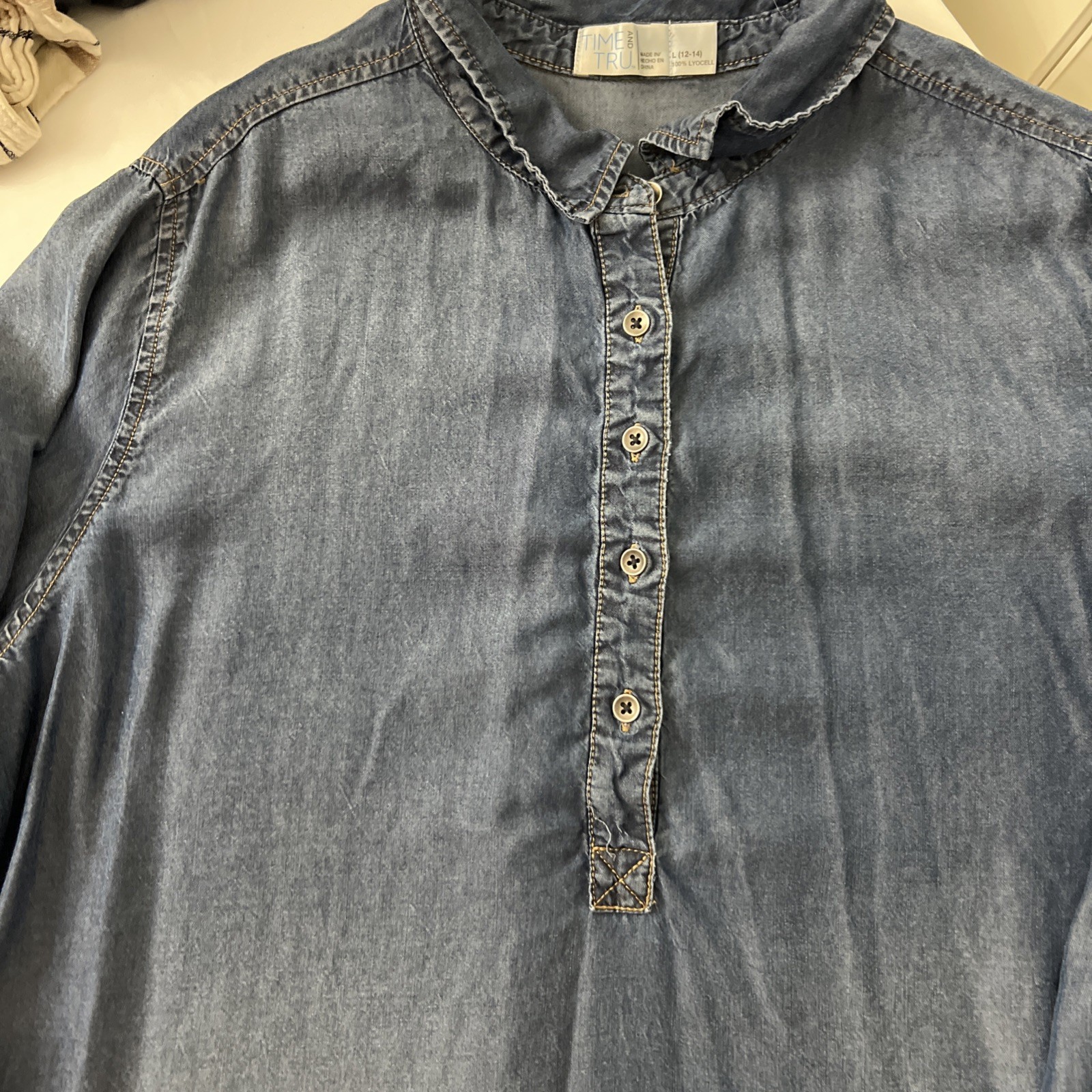 Time and Tru Blue Chambray Tunic Dress – 12-14 Lyocell Boho Casual Denim Style