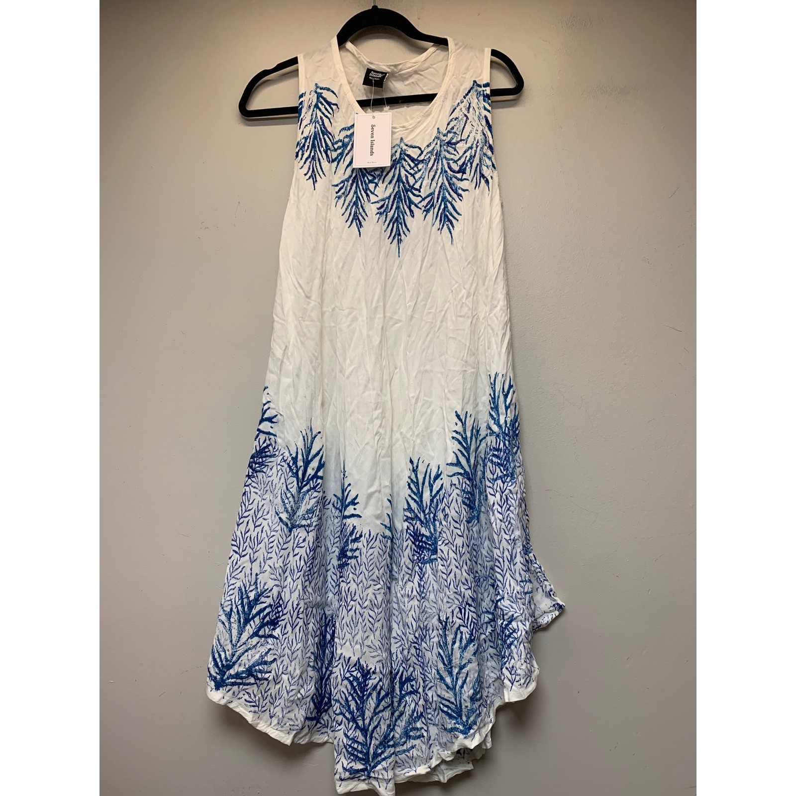 Seven Islands Midi Dress Women Large White Blue NEW Coral Print Handkerchief Hem