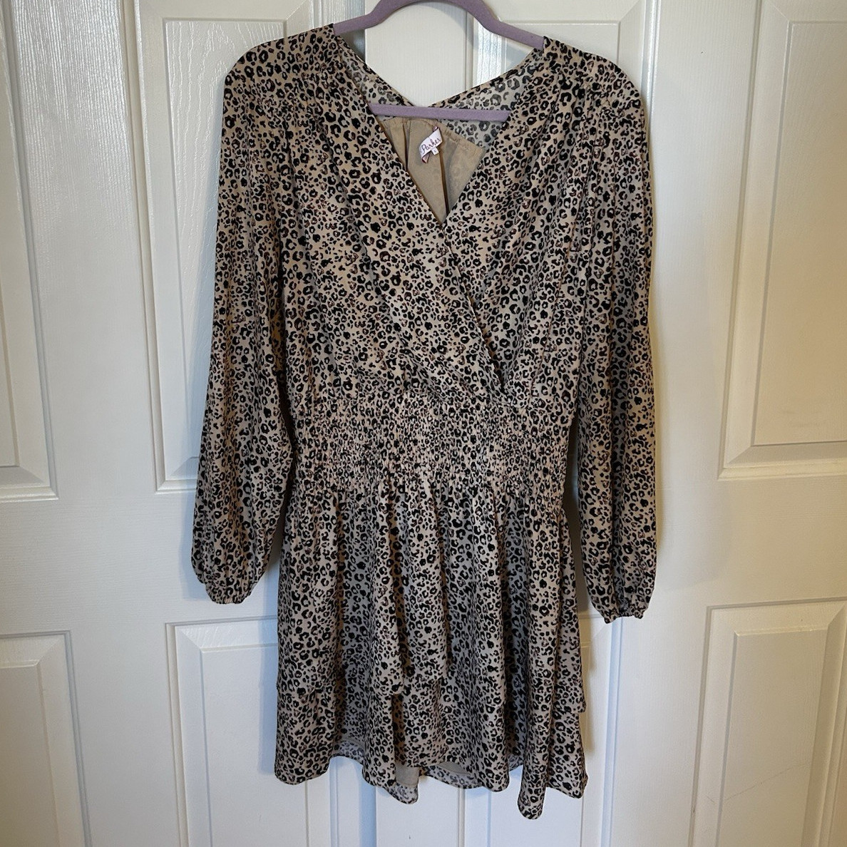 Parker Women’s Leopard Print V-Neck Long Puff Sleeve Smocked Ruffle Mini S