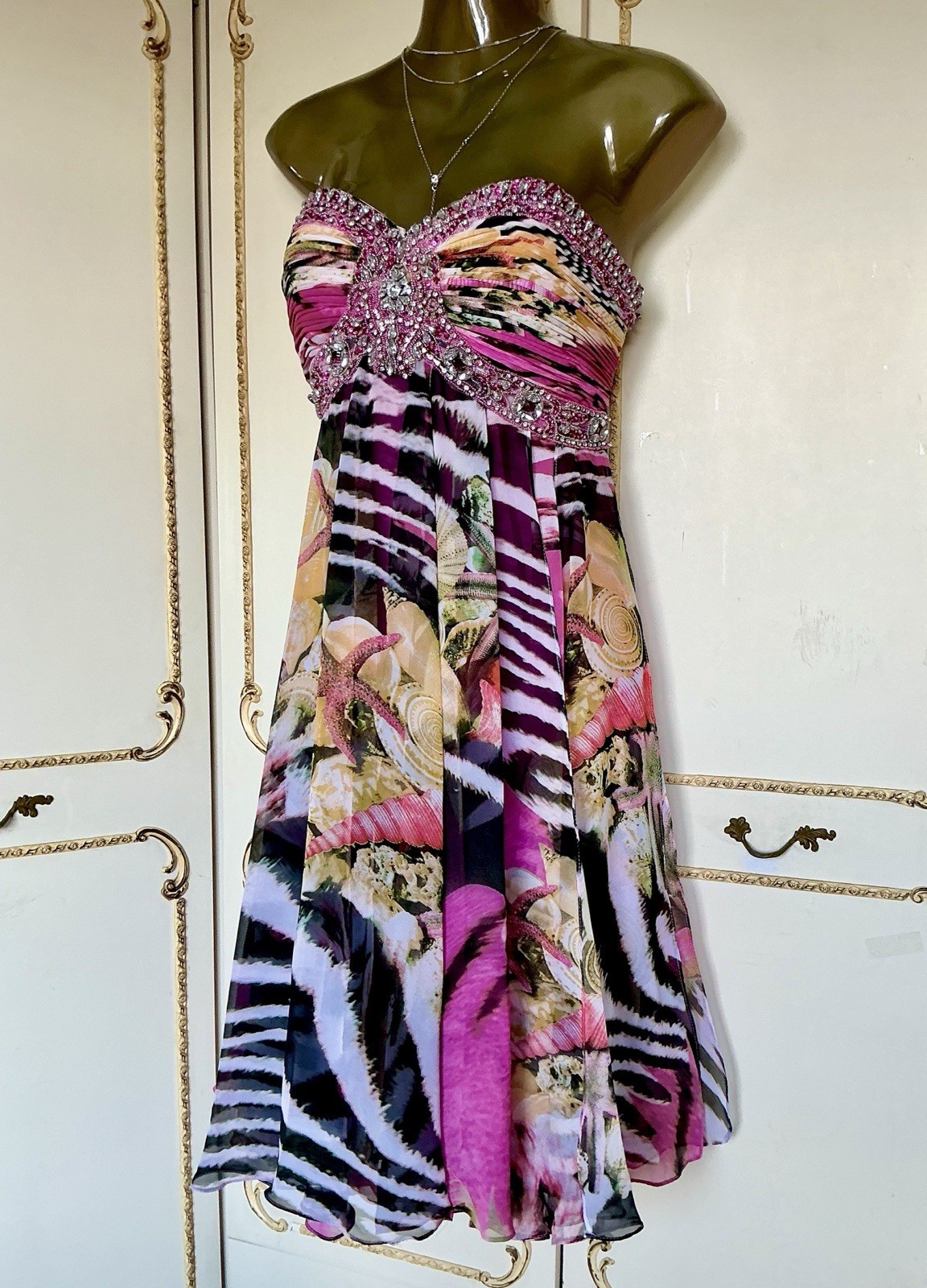 FOREVER UNIQUE UK 10 Designer Pink Crystal Trim Floaty Dress & Wrap NWT £299