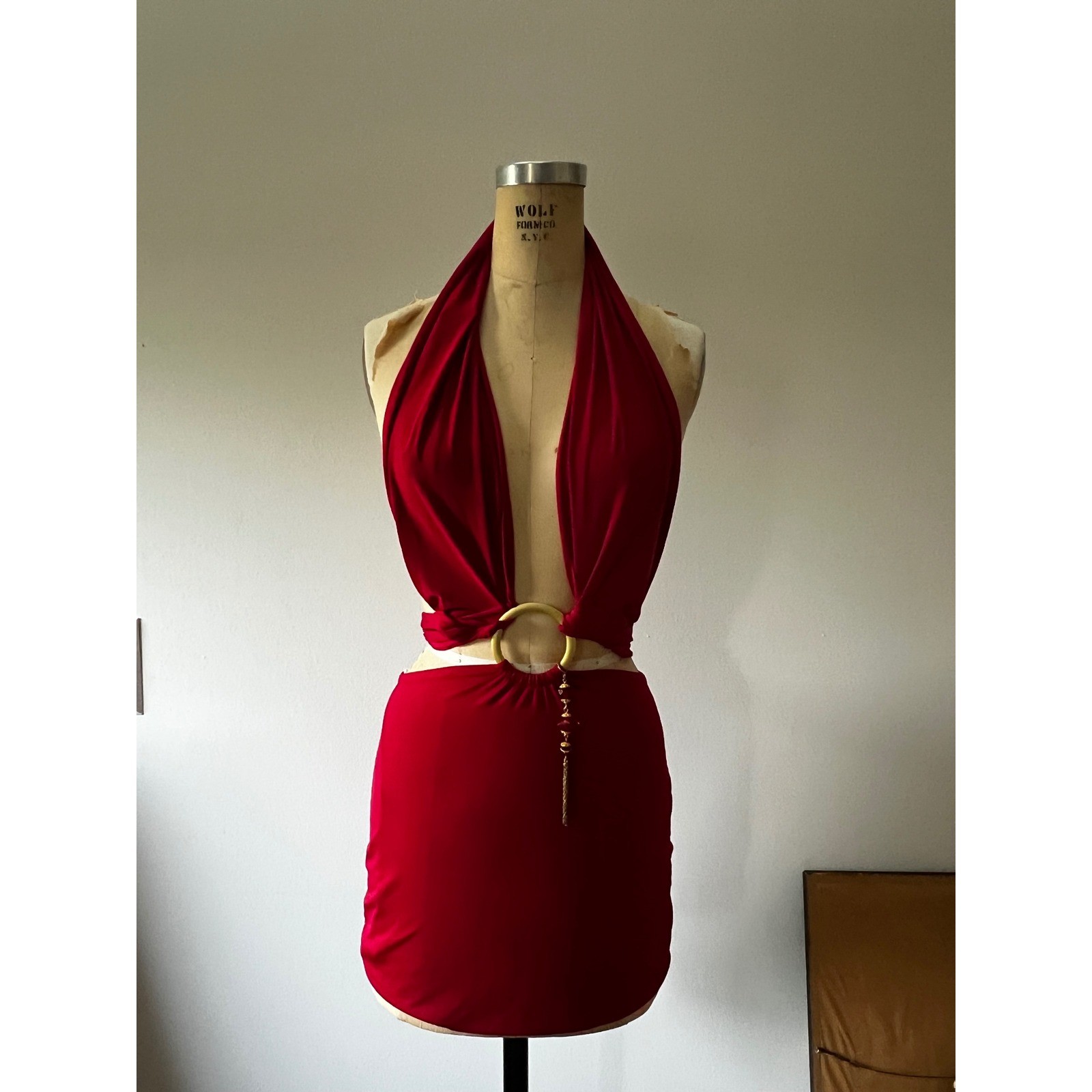 Y2K Red Plunging Euro Festival Halter Mini Dress O-Ring Beaded Tassel Open Back
