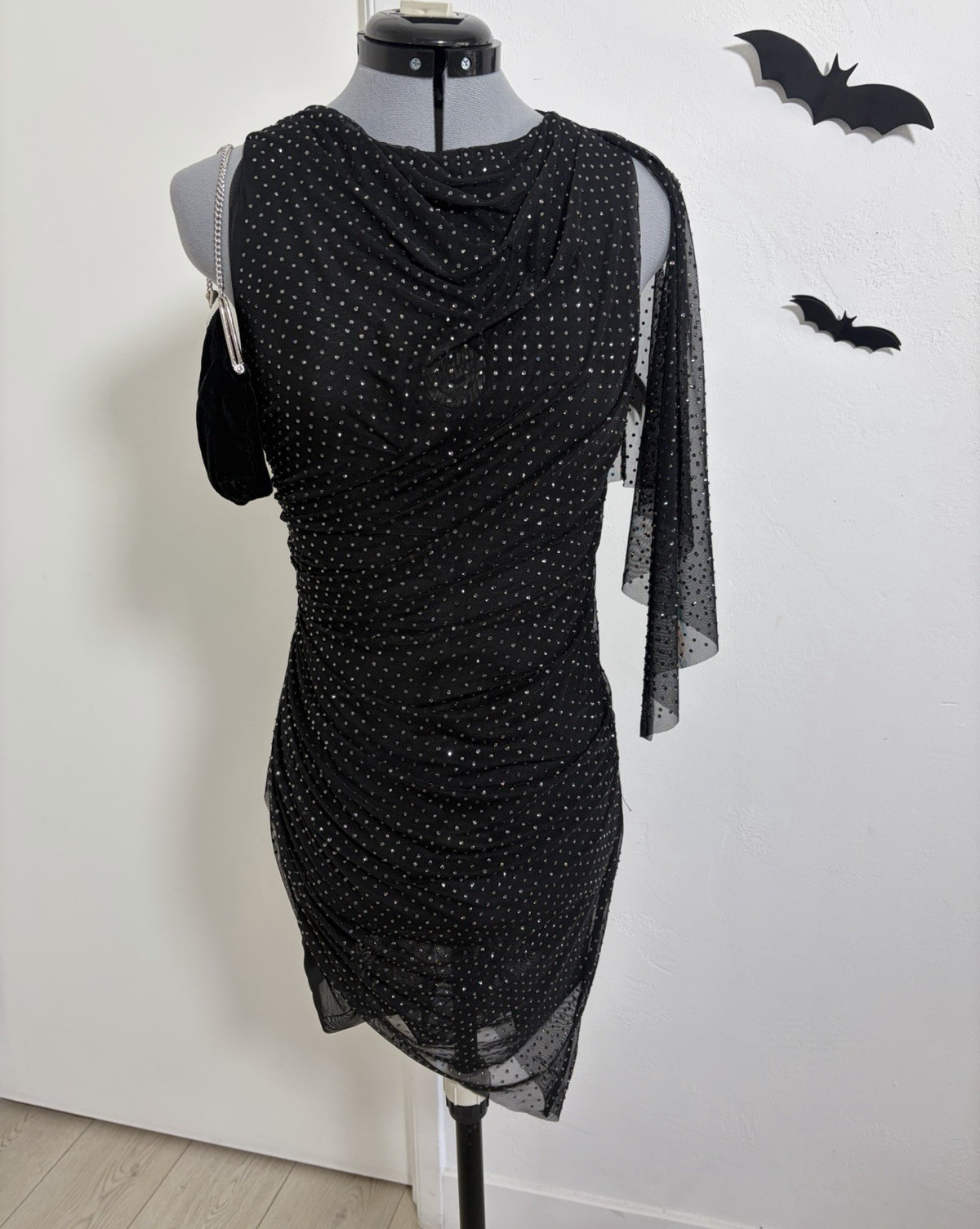 House of CB London Black Rhinestone Mesh Ruched One Shoulder Mini Dress S