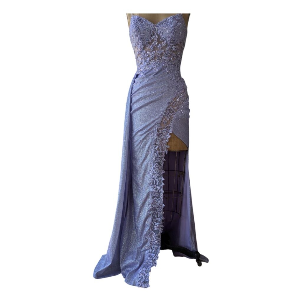 Lavender Glitter Lace Corset Back High Slit Formal Prom Gown Dress Sweetheart