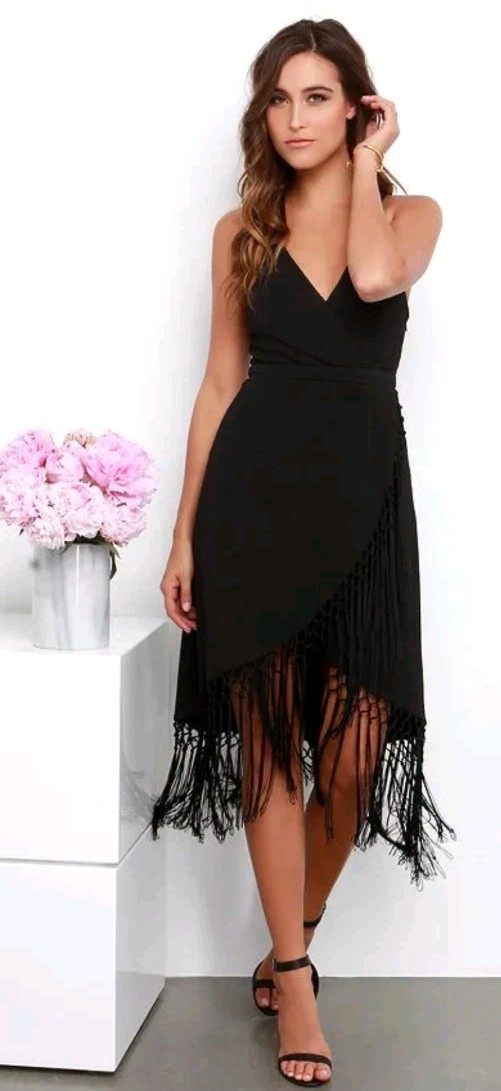Black Fringe Wrap Cocktail Dress Stretchy M Party Boho Goth Y2K 70s Retro Disco