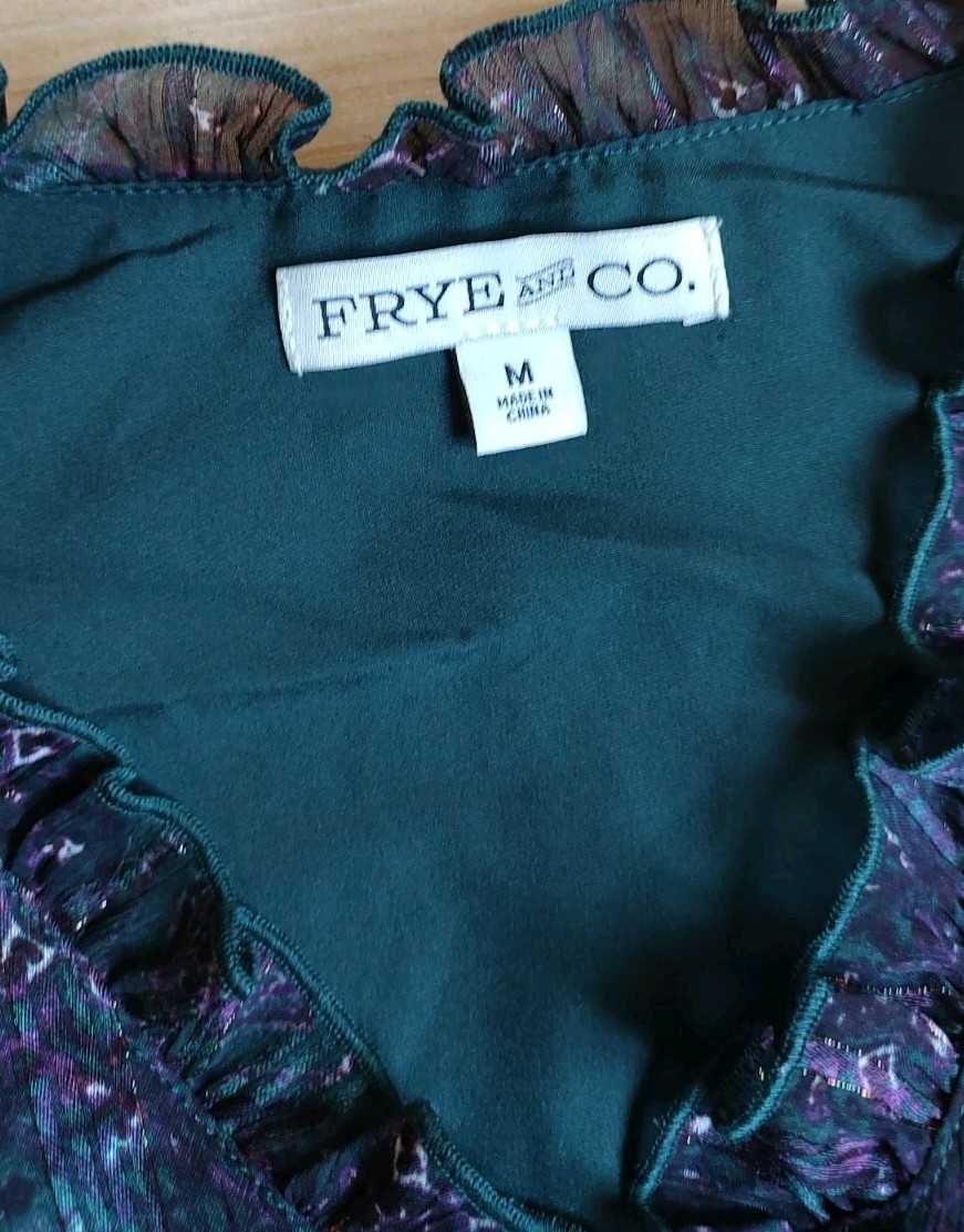 Frye Knee Length Dress Ruffle Buttons Lurex Green Purple Floral Size M Women’s