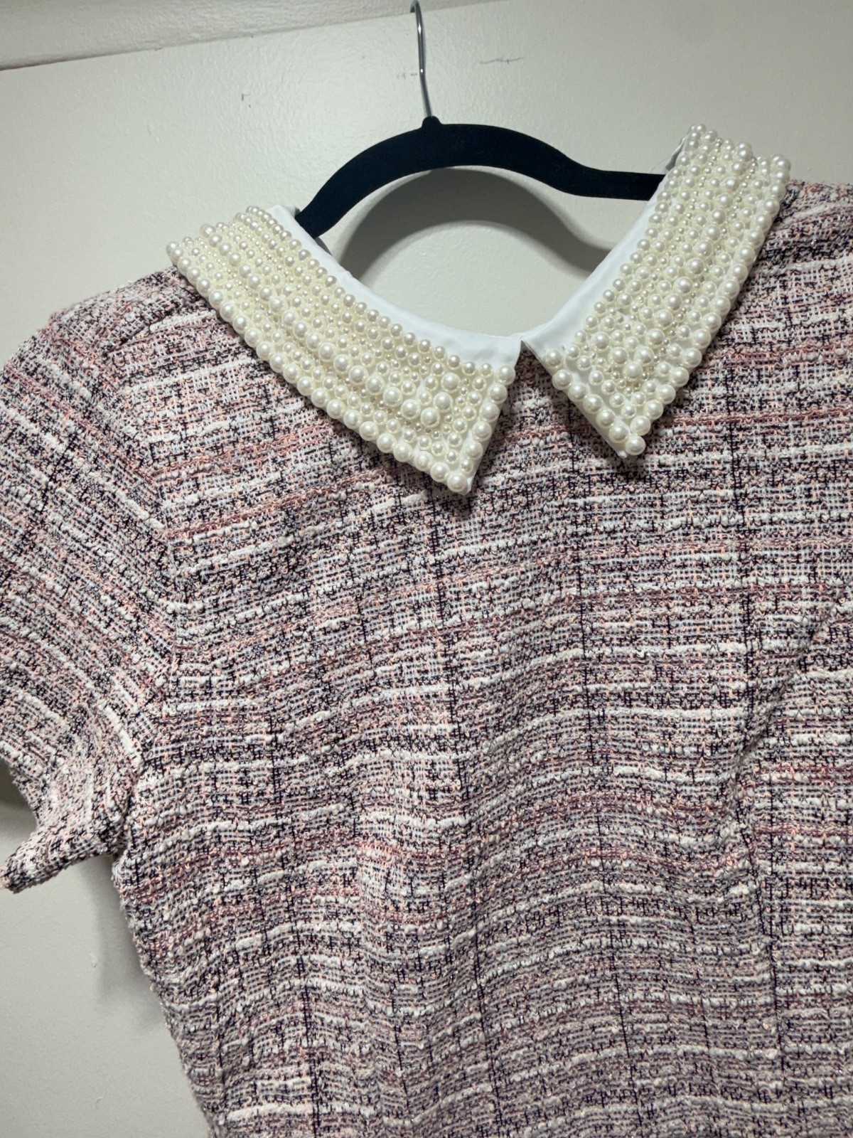 francesca’s Pink/White Plaid Tweed Pearl Collar Shift Mini Dress Short Sleeve L