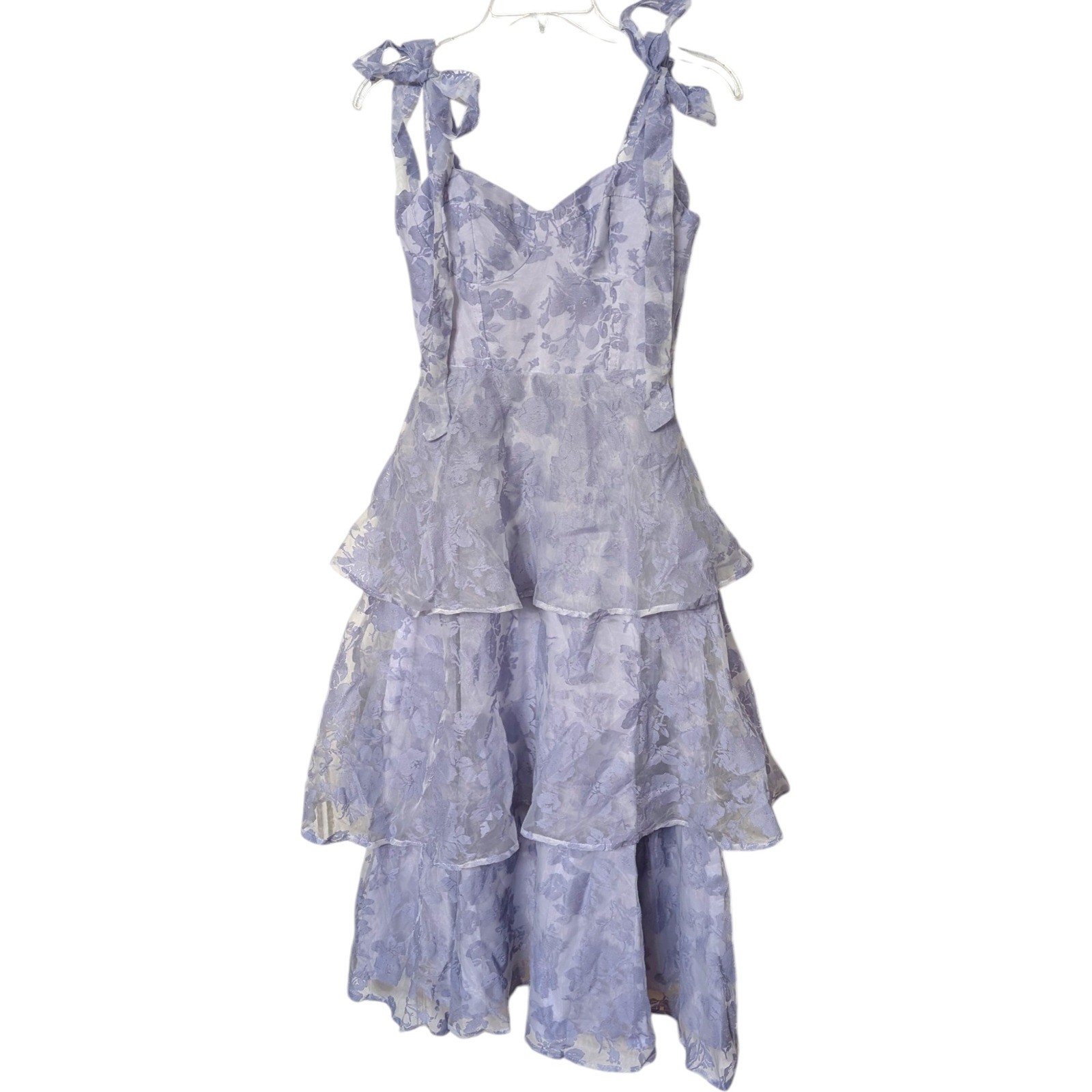 Lulus Glamorous Sweetie Lavender Burnout Tie-Strap Bustier Tiered Midi Dress XS