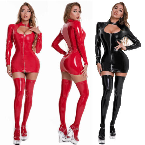 Sexy Women Latex Leather Zipper Bodycon Mini Dress Wet Look Shiny Clubwear Party