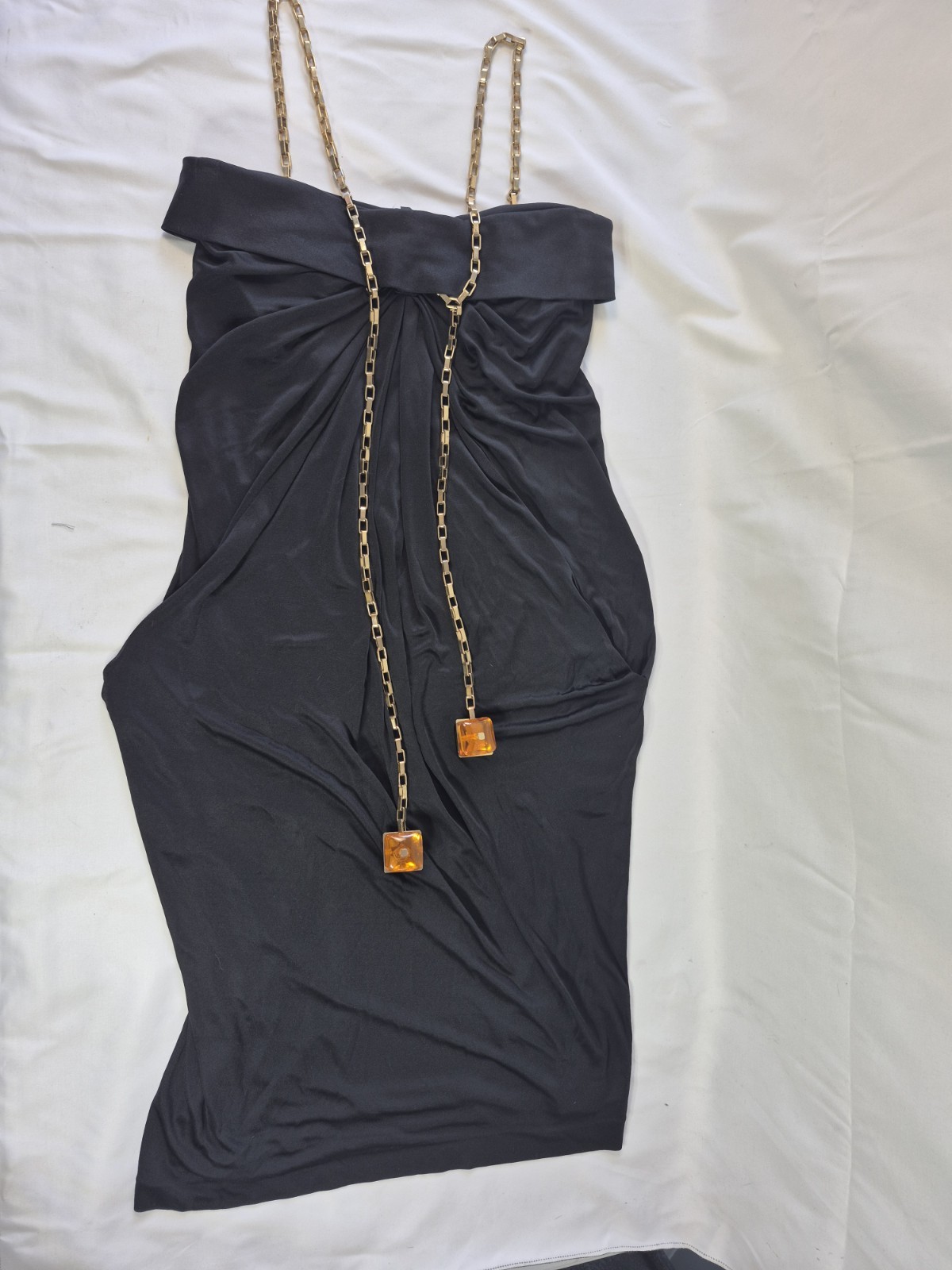 DSQUARED2 Black Draped Evening Gown Body Chain Amber Resin Cube Accents Size M..