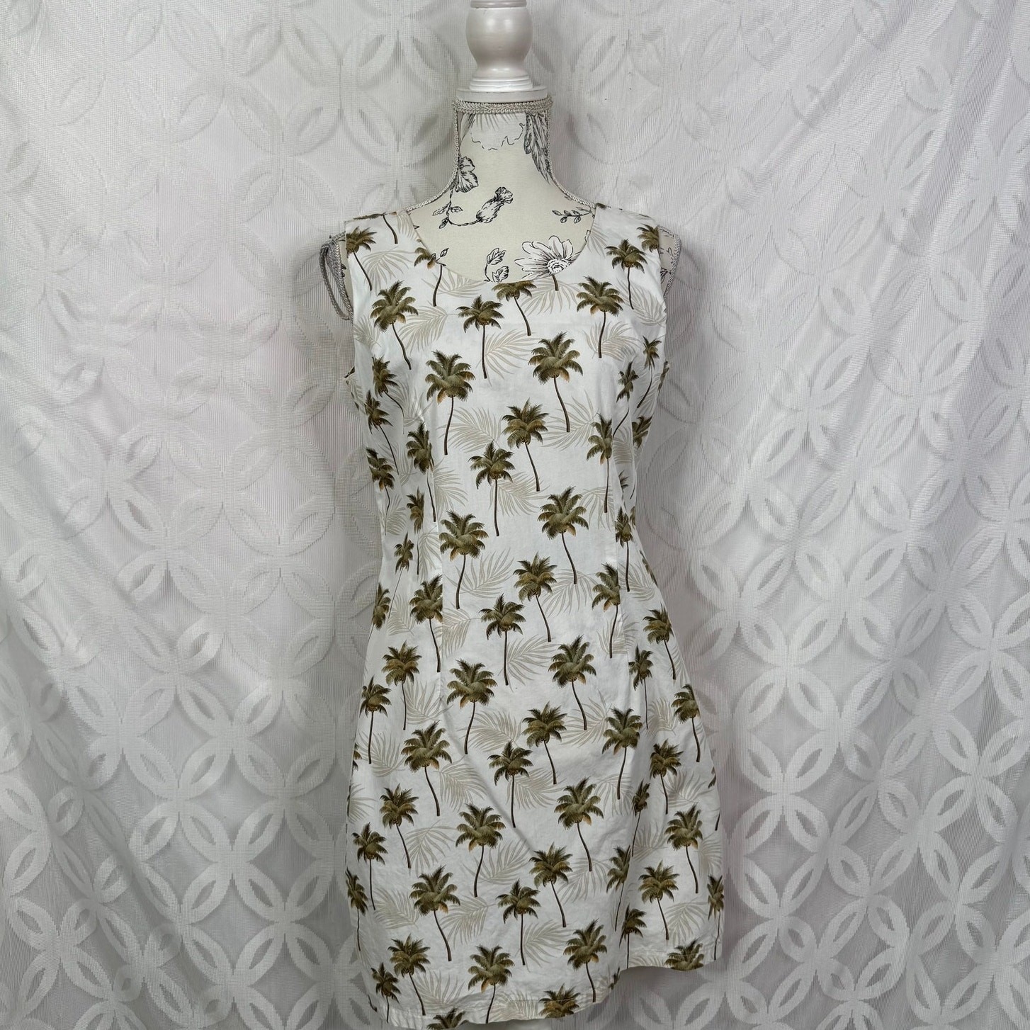 KY’S Made In Hawaii Palm Tree Print Cotton Mini Shift Dress White Green Large