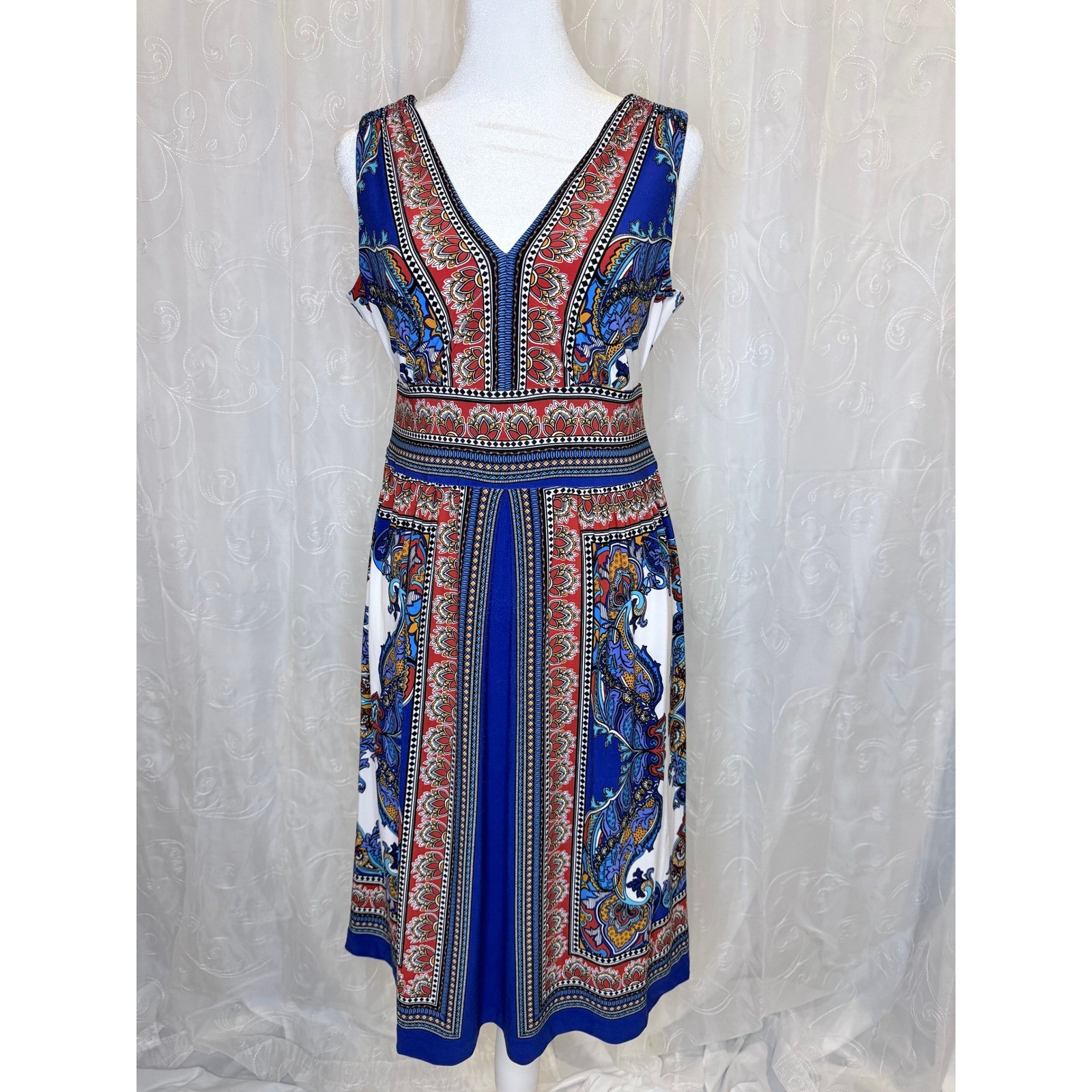 Dress Barn Blue Paisley Scarf Print V-Neck Sleeveless Midi Dress Size 6
