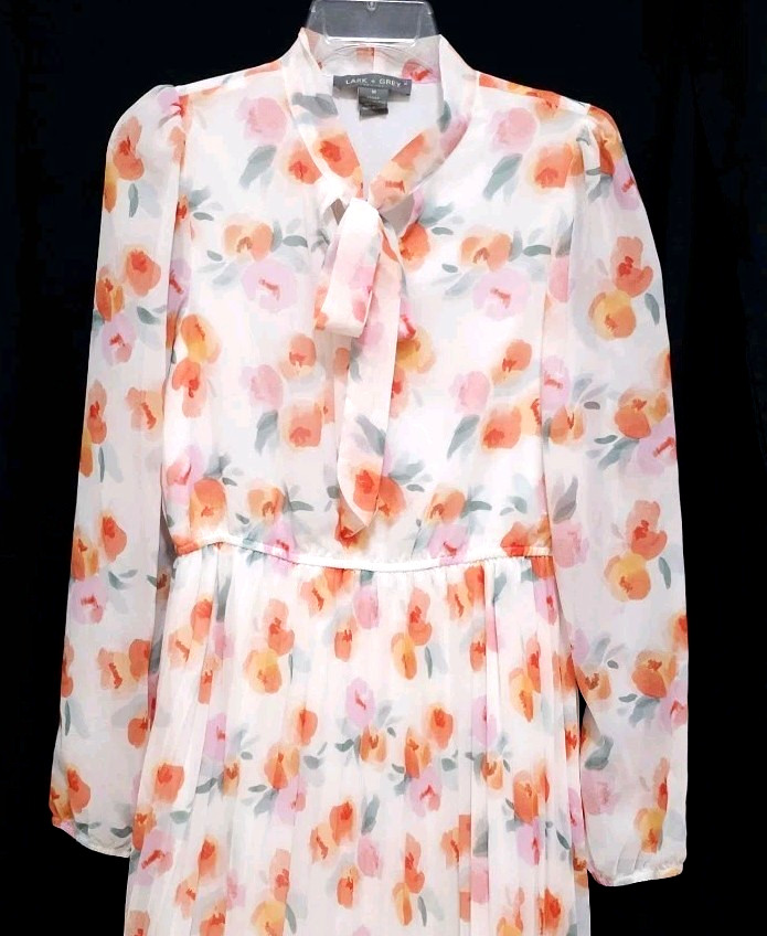 NEW Lark + Grey MEDIUM PLEATED Blouson Midi Dress Orange White Floral Tie Neck